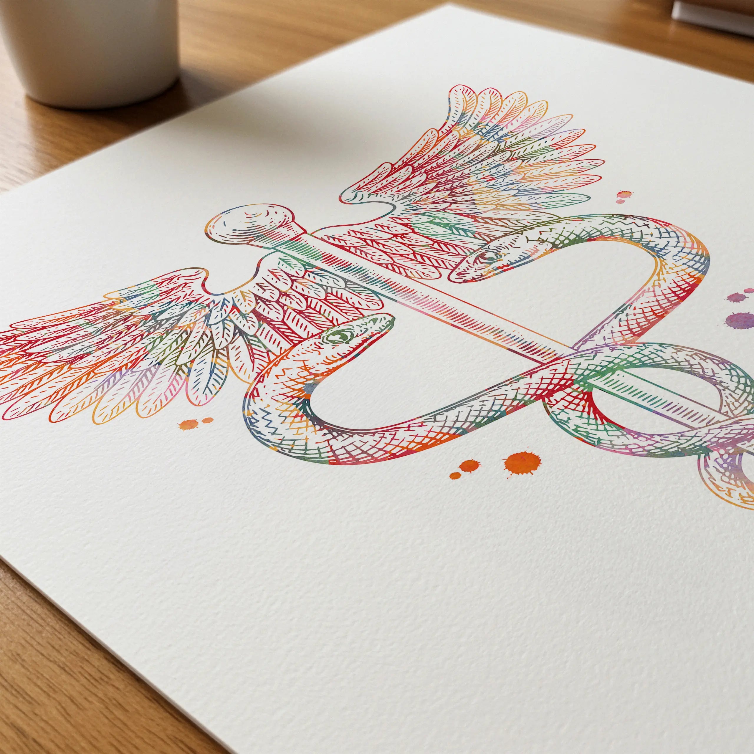 Close-up of caduceus symbol watercolor print showing paper texture and grain