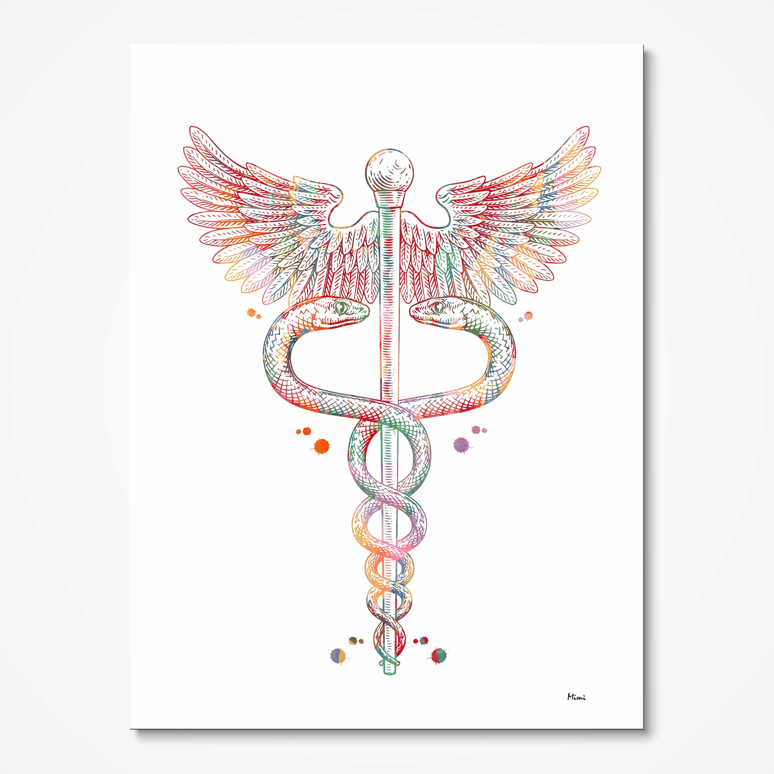 Caduceus Symbol watercolor art print for medical office wall decor