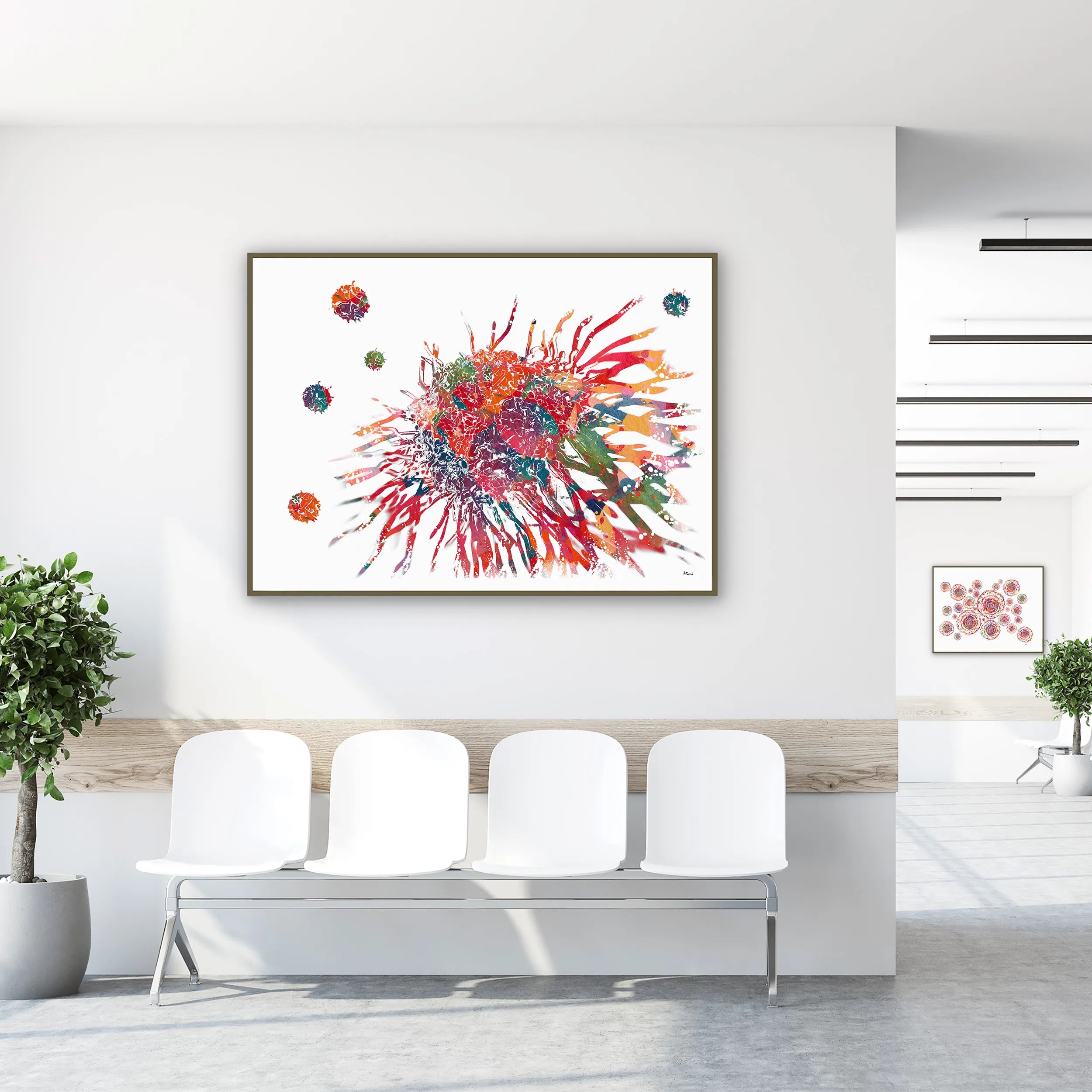 Framed cancer cell abstract watercolor print in a clinic waiting room