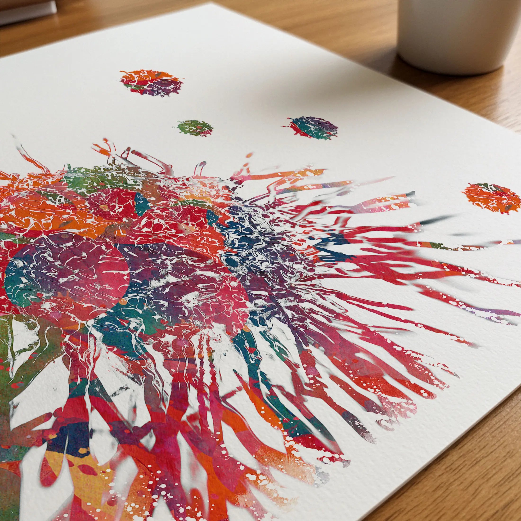 Close-up of cancer cell abstract watercolor print showing paper texture and grain
