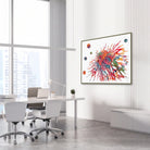 Framed cancer cell abstract watercolor print in a science laboratory office