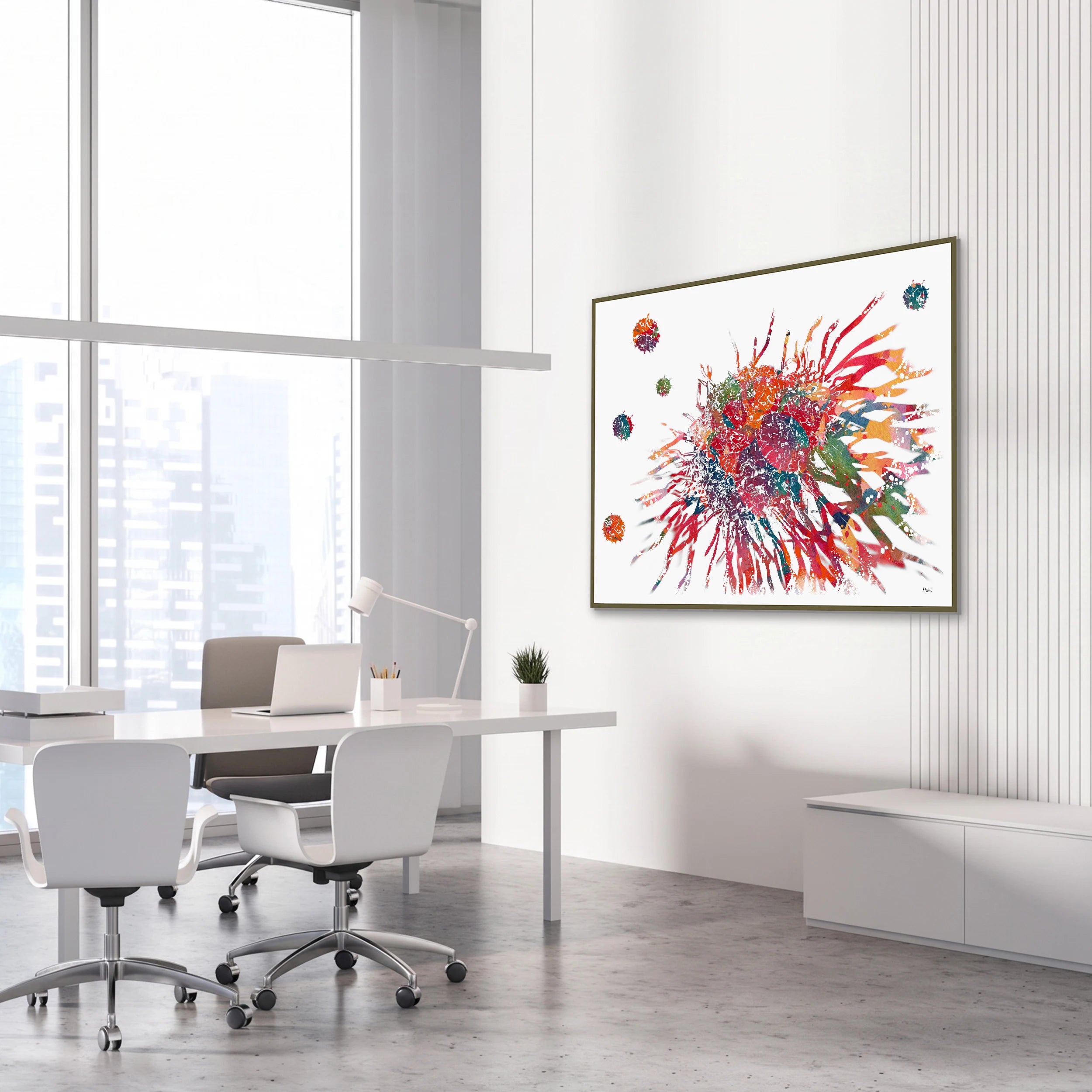 Framed cancer cell abstract watercolor print in a science laboratory office