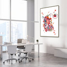 Framed cardiac pacemaker watercolor print in a cardiology clinic