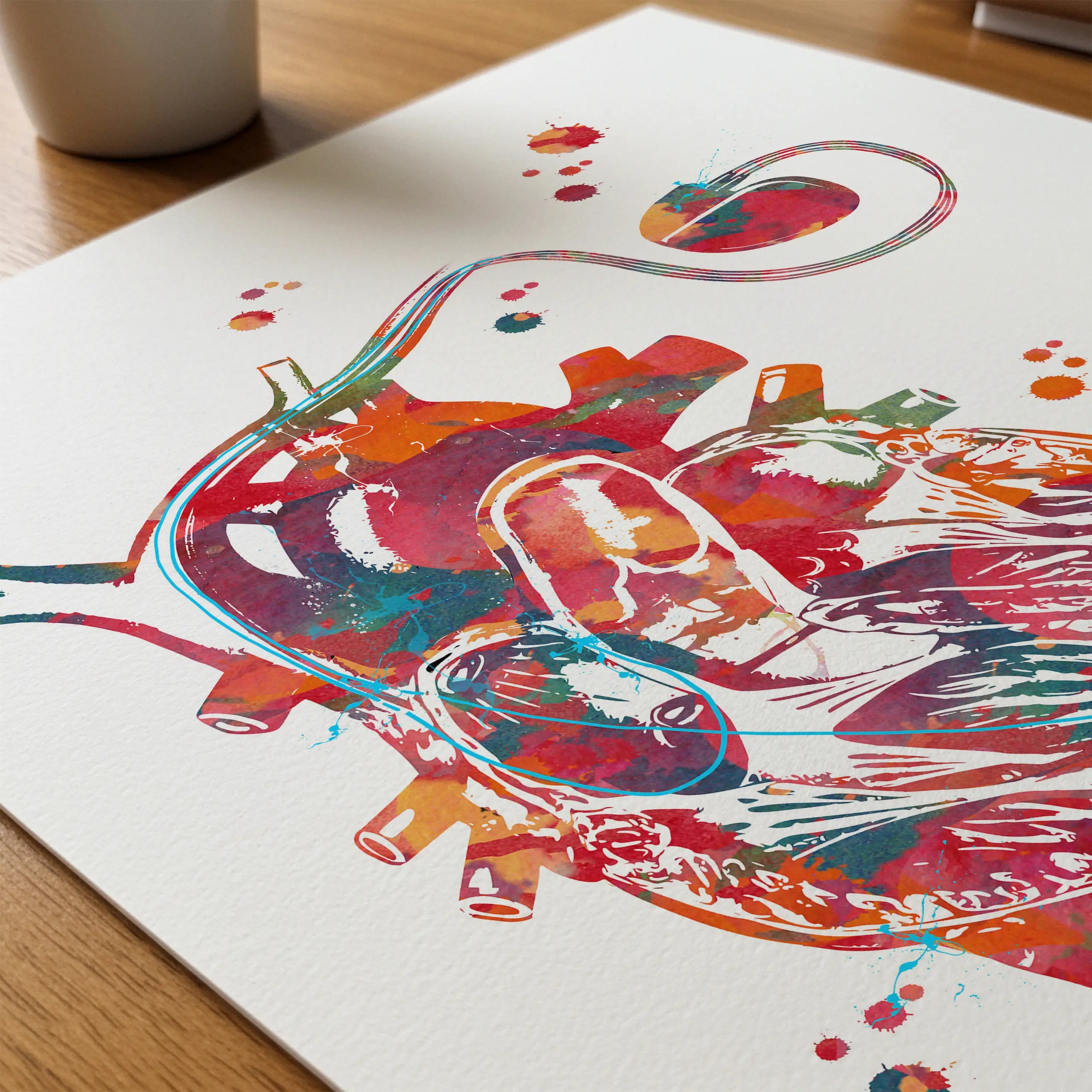 Close-up of cardiac pacemaker watercolor print showing paper texture and grain