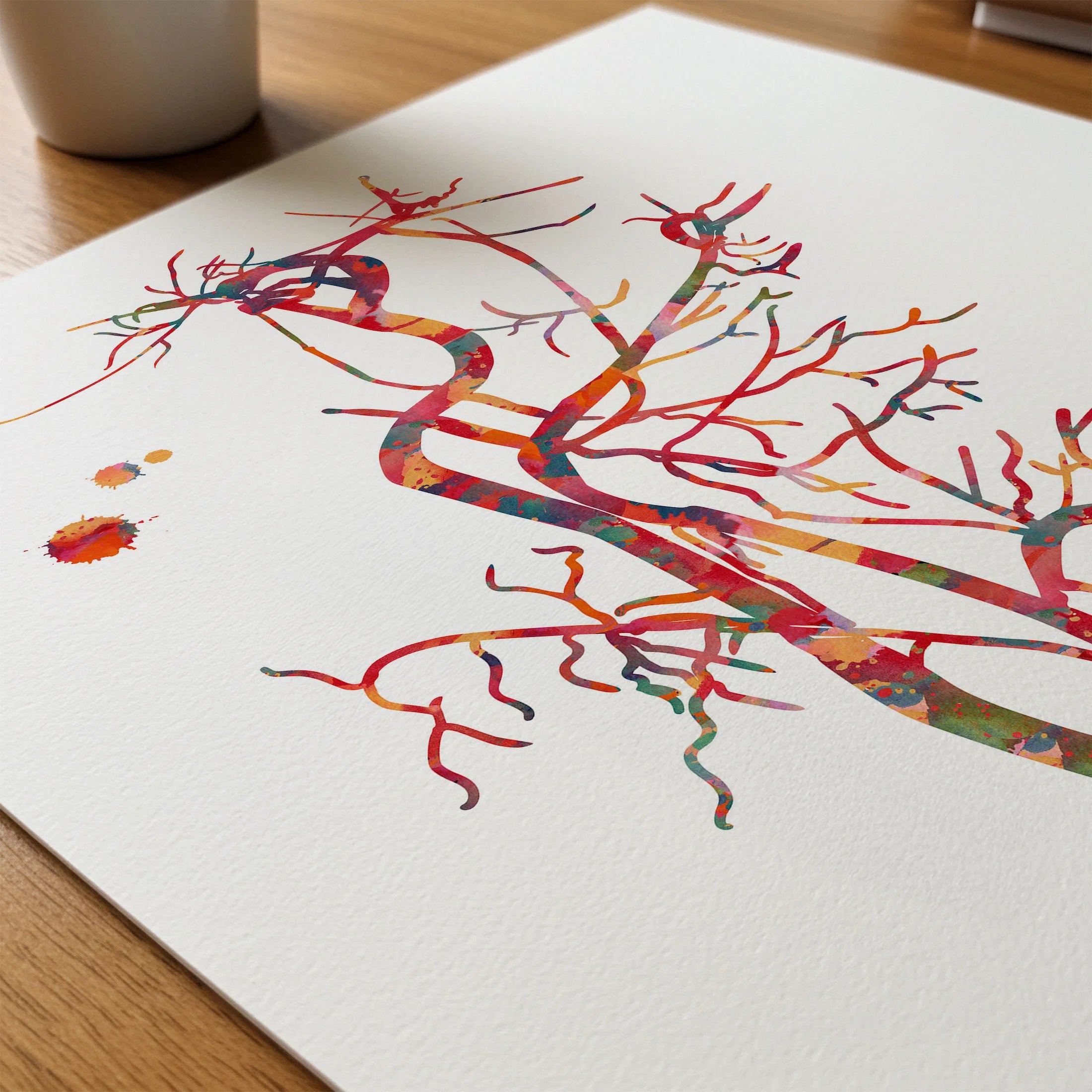 Close-up of carotid artery angiogram watercolor print showing paper texture and grain