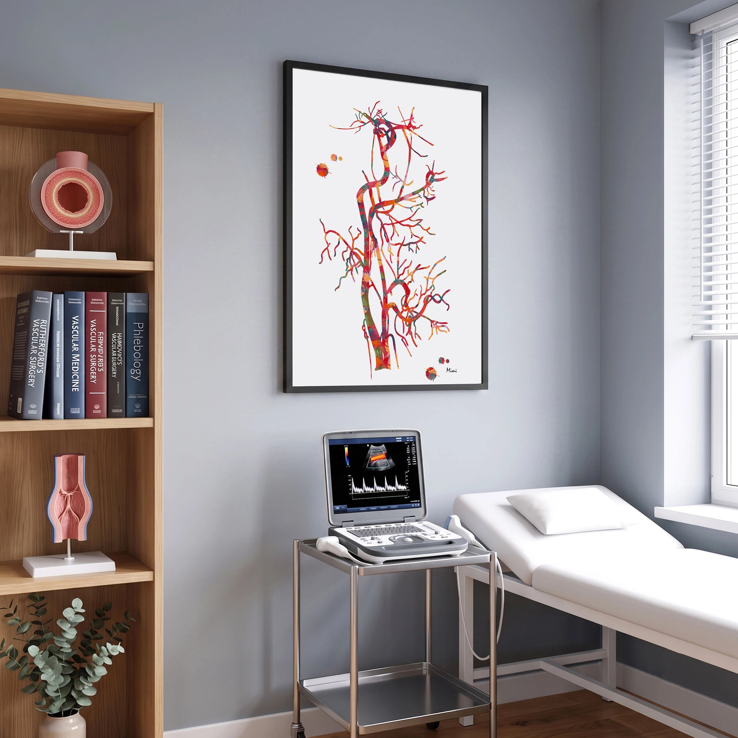 Framed carotid artery angiogram watercolor print in a vascular clinic