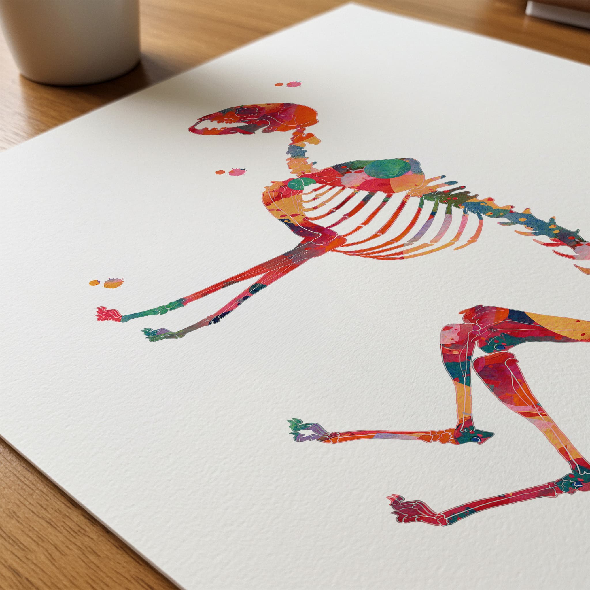 Close-up of cat skeleton watercolor print showing paper texture and grain