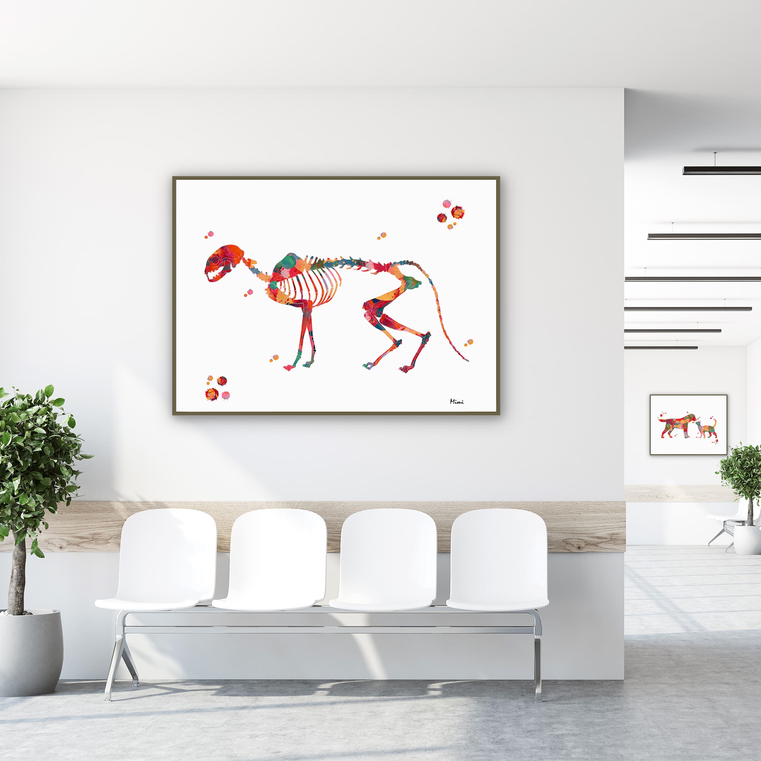 Framed cat skeleton watercolor print in a veterinary-clinic waiting room