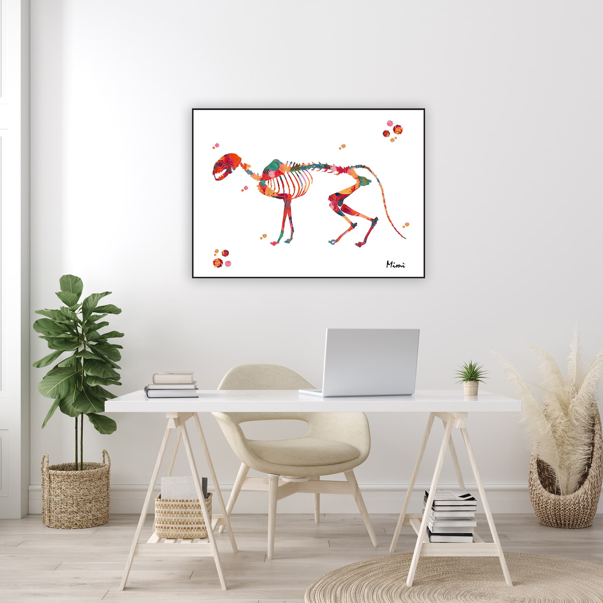 Framed cat skeleton watercolor print in a veterinary office
