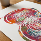 Close-up of cell division watercolor print showing paper texture and grain