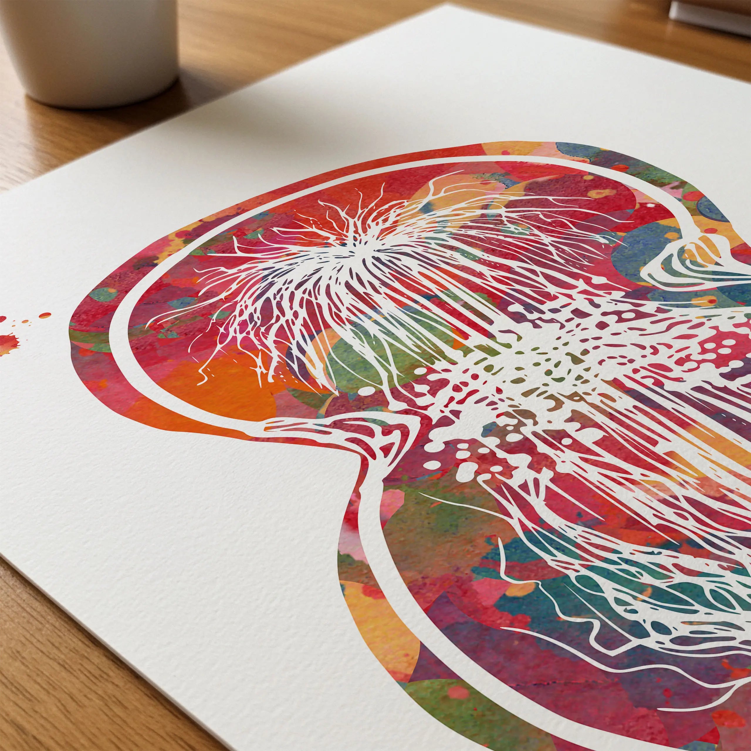Close-up of cell division watercolor print showing paper texture and grain