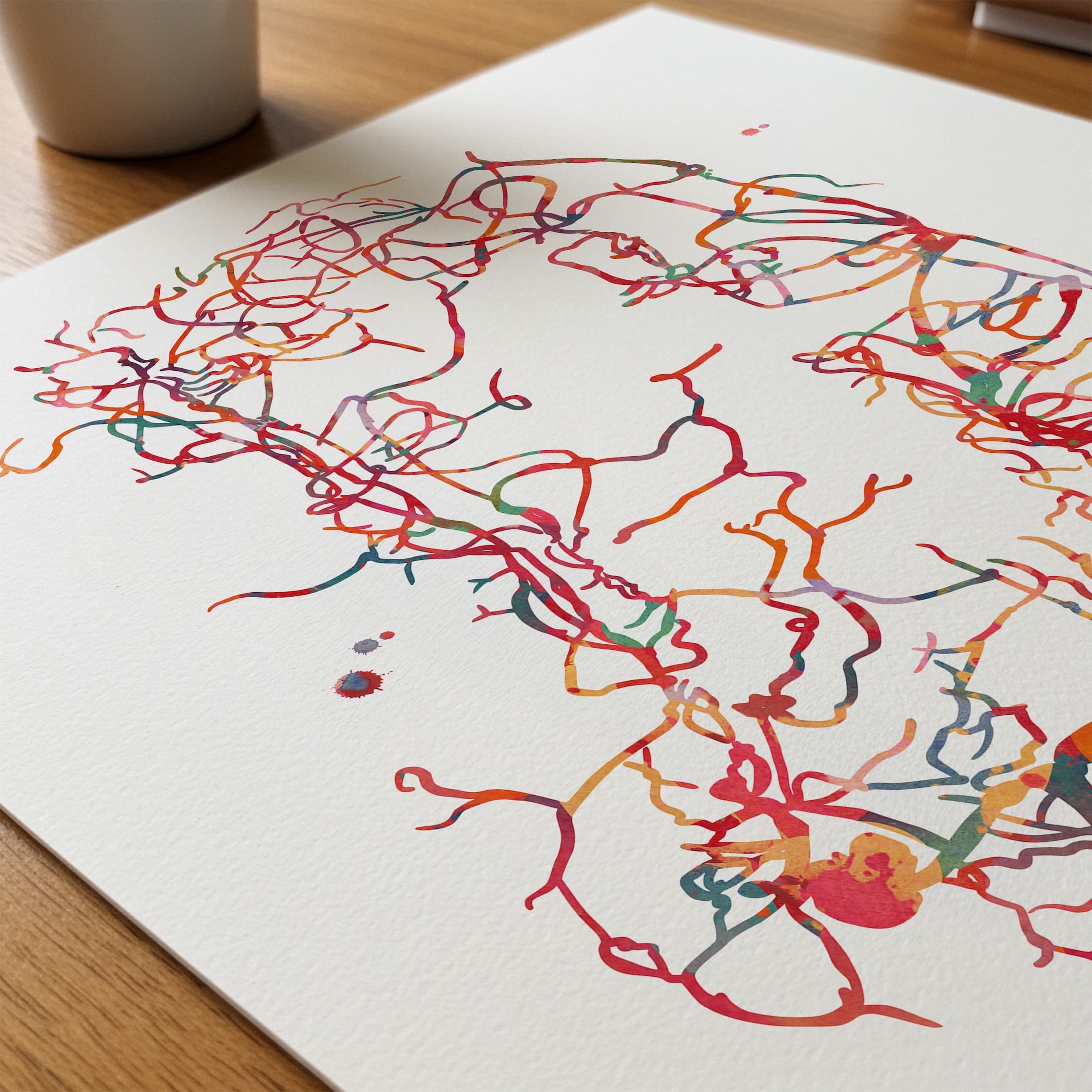 Close-up of cerebral aneurysm brain angiogram watercolor print showing paper texture and grain