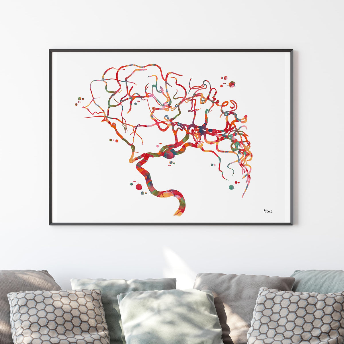 cerebral aneurysm watercolor print hanging in a warm living room