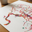Close-up of cerebral aneurysm watercolor print showing paper texture and grain