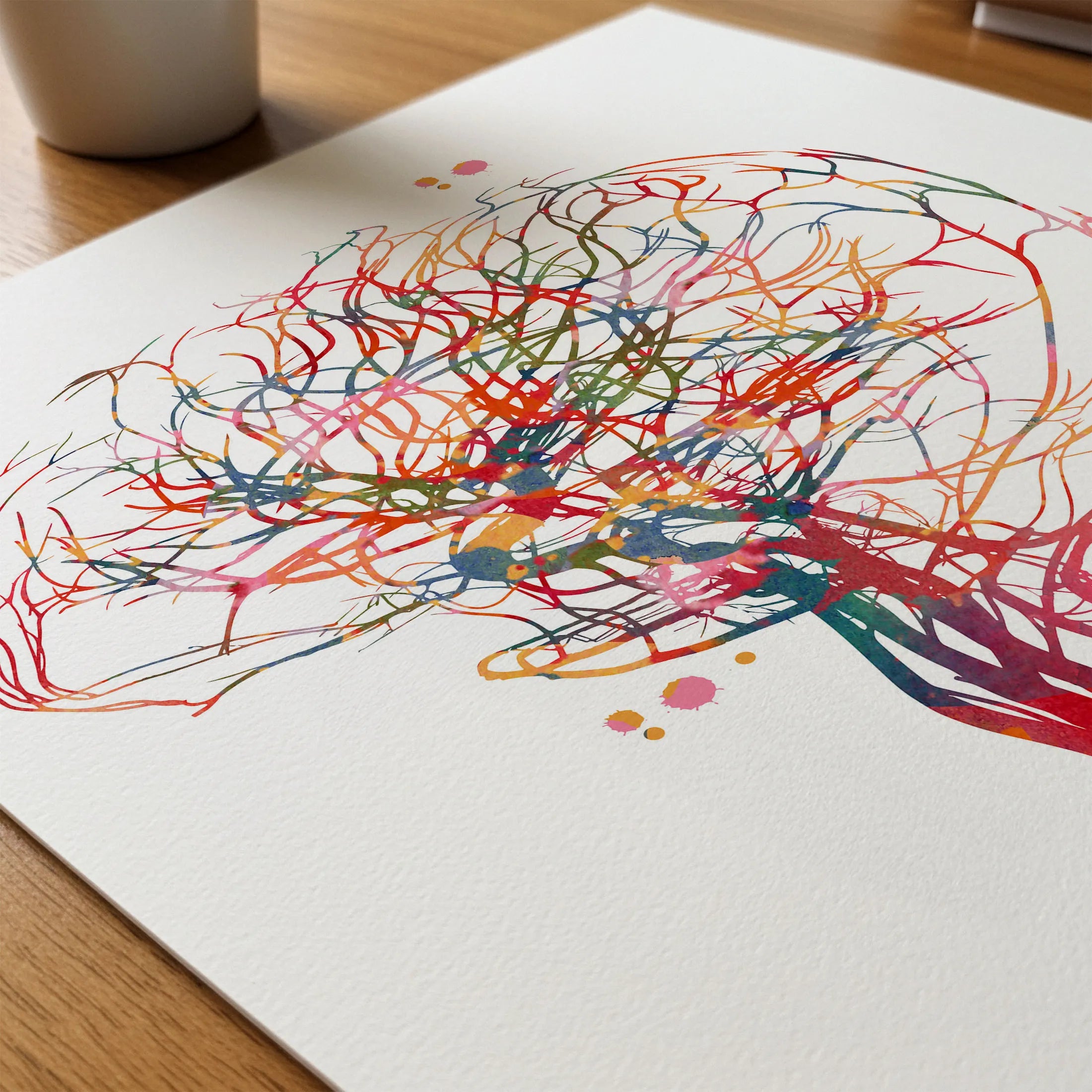 Close-up of cerebral angiography brain vascularization watercolor print showing paper texture and grain