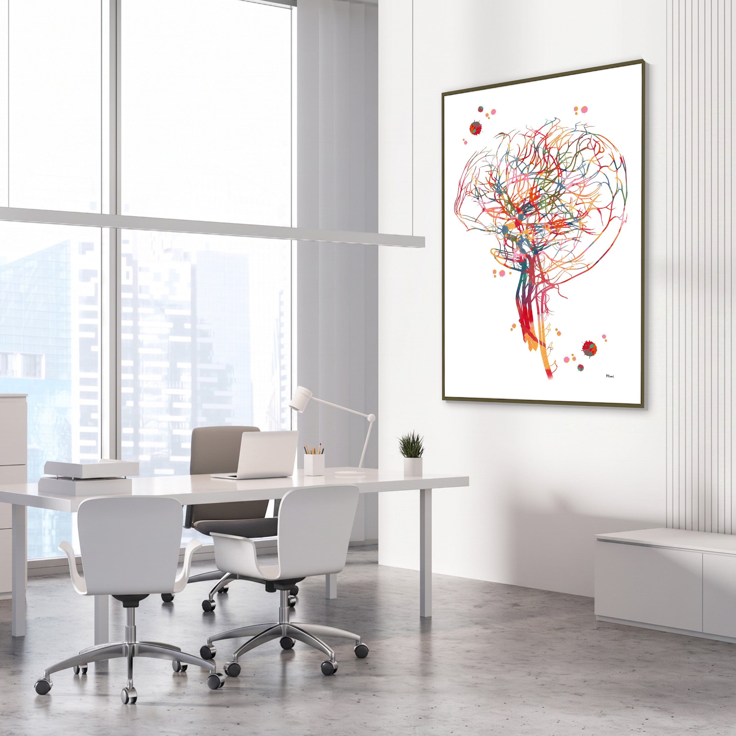Framed cerebral angiography brain vascularization watercolor print in a vascular clinic