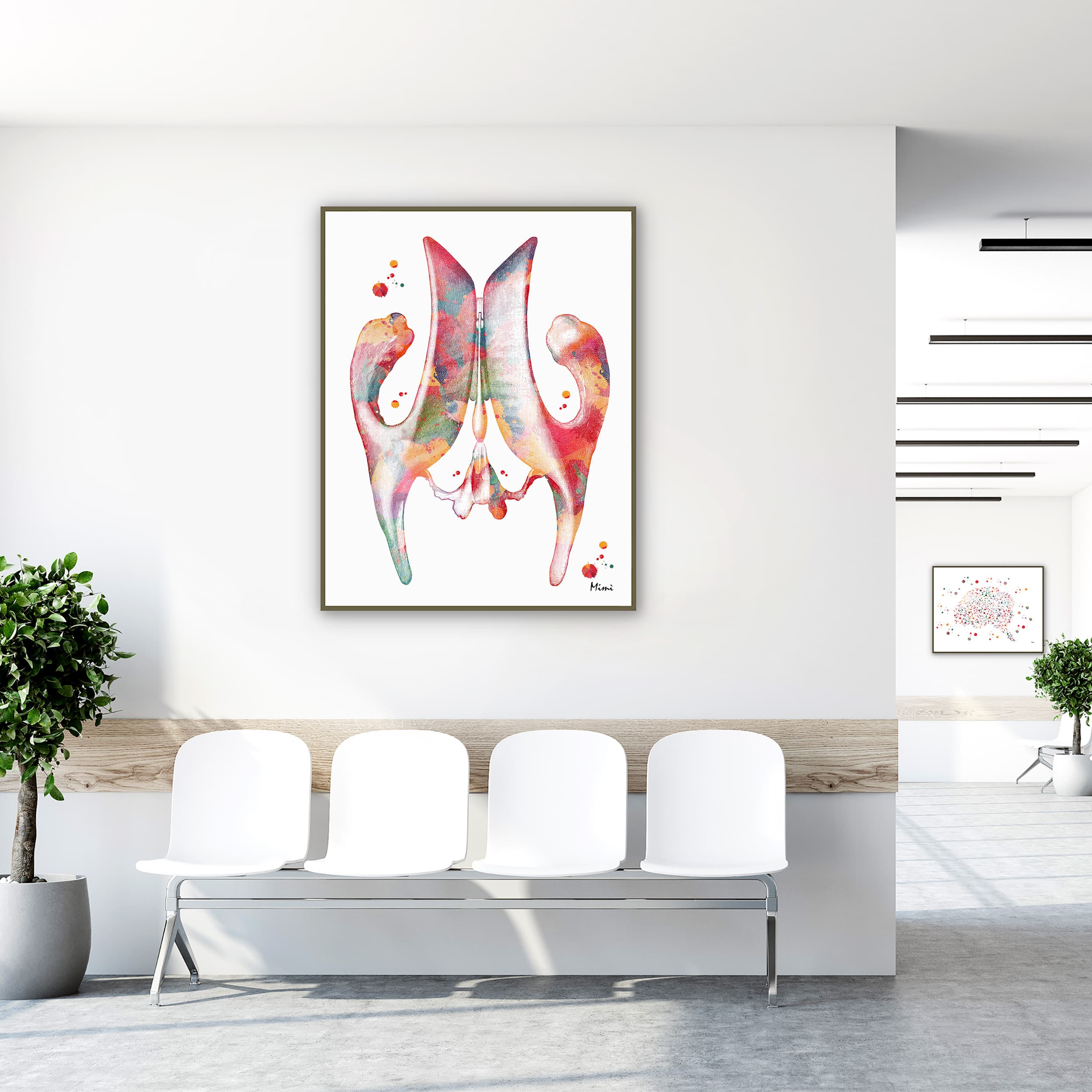 Framed cerebral ventricles brain anatomy watercolor print in a clinic waiting room