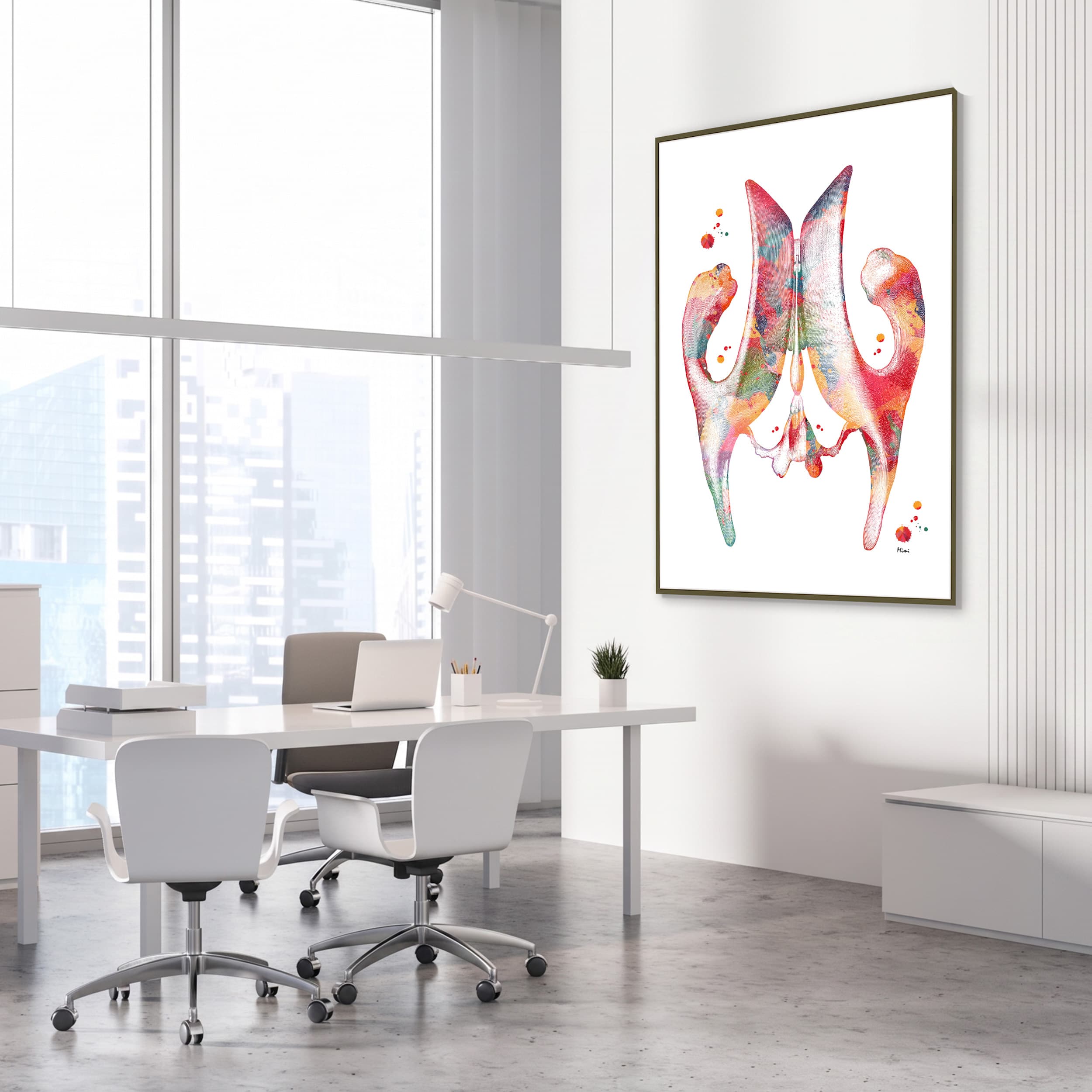 Framed cerebral ventricles brain anatomy watercolor print in a neurology clinic