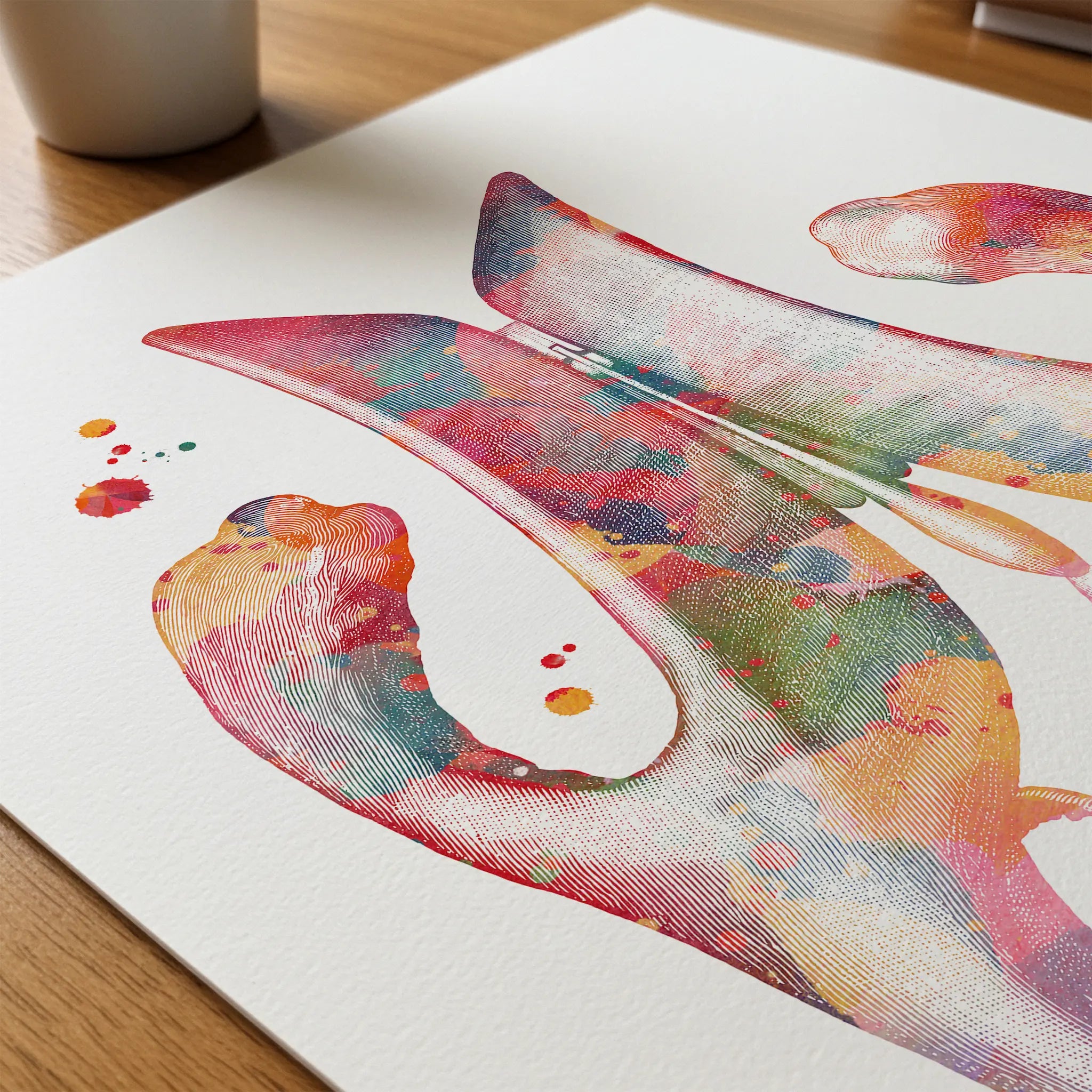 Close-up of cerebral ventricles brain anatomy watercolor print showing paper texture and grain