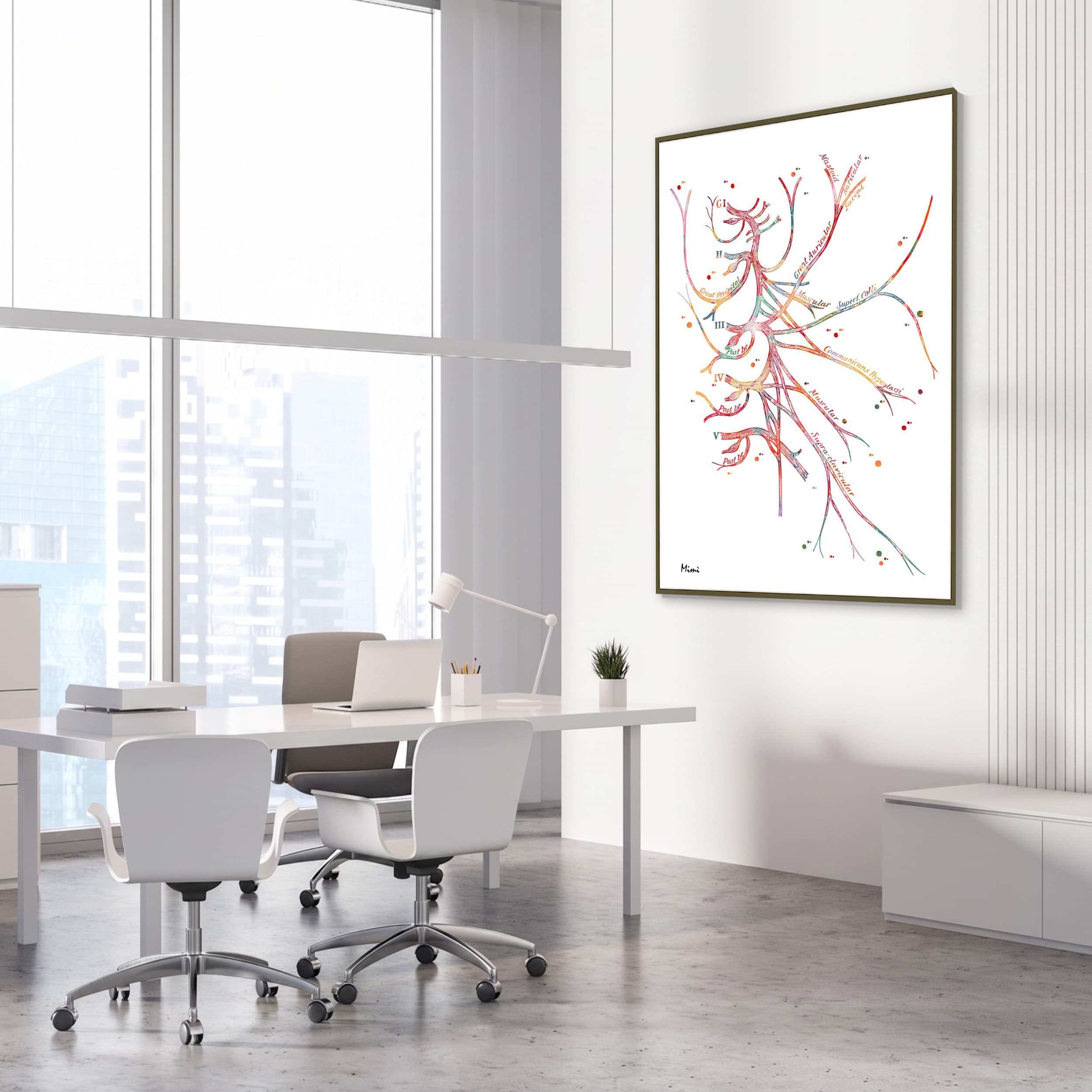 Framed cervical plexus nerve anatomy watercolor print in a neurology clinic