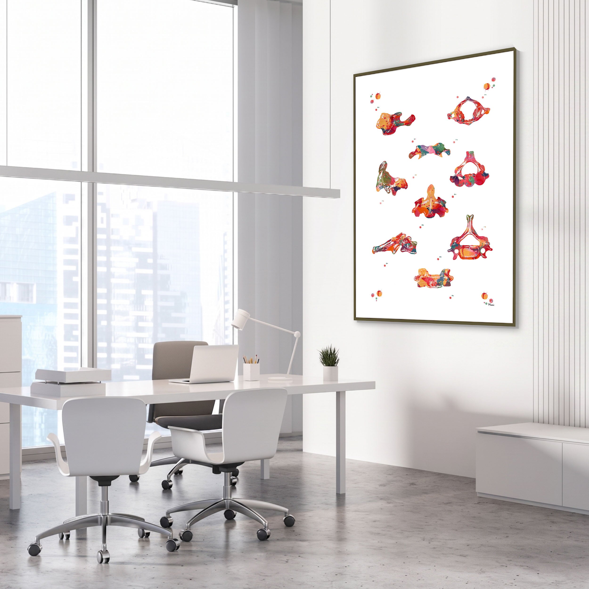 Framed cervical vertebrae c1 c2 c6 watercolor print in an orthopedic clinic
