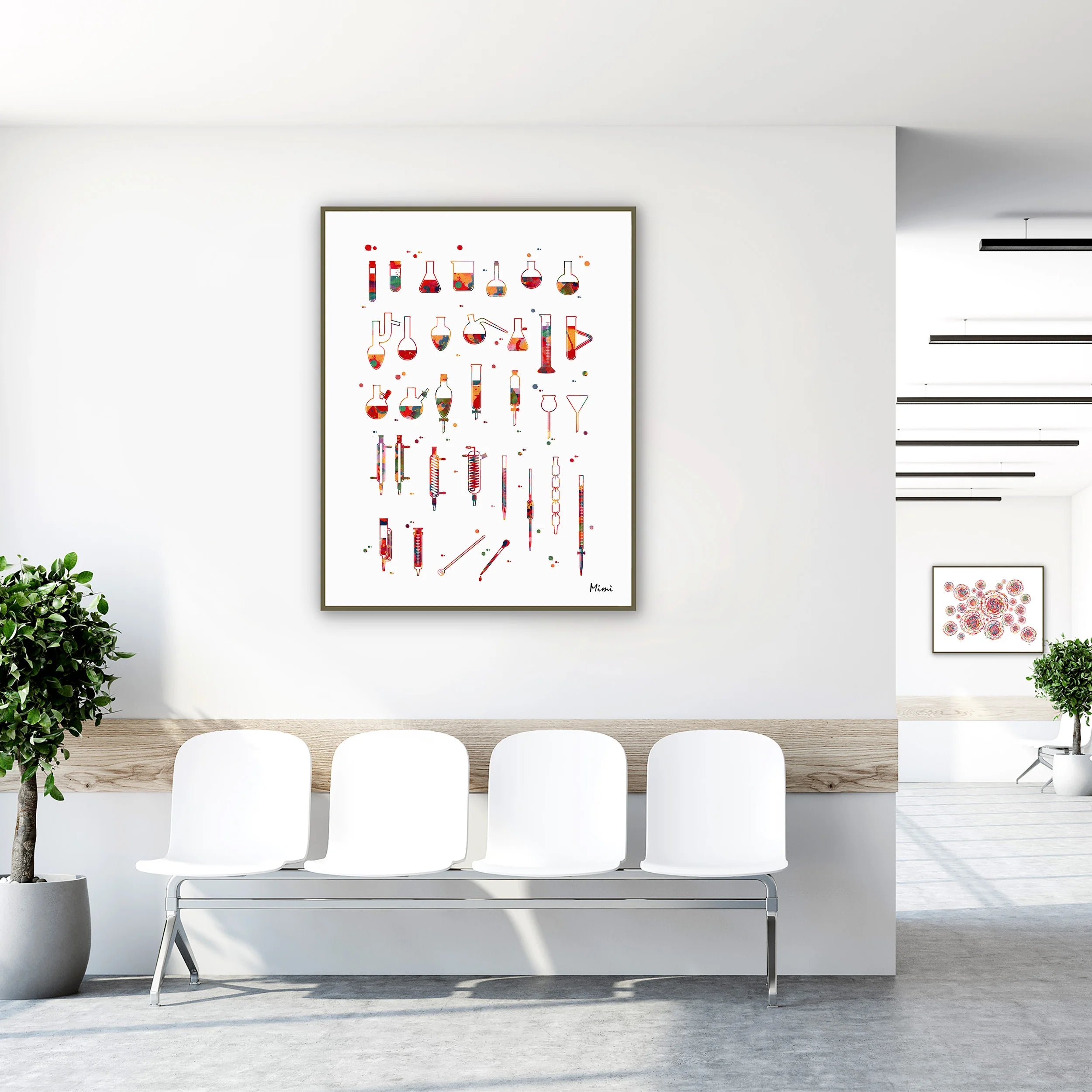Framed chemistry lab glassware watercolor print in a clinic waiting room