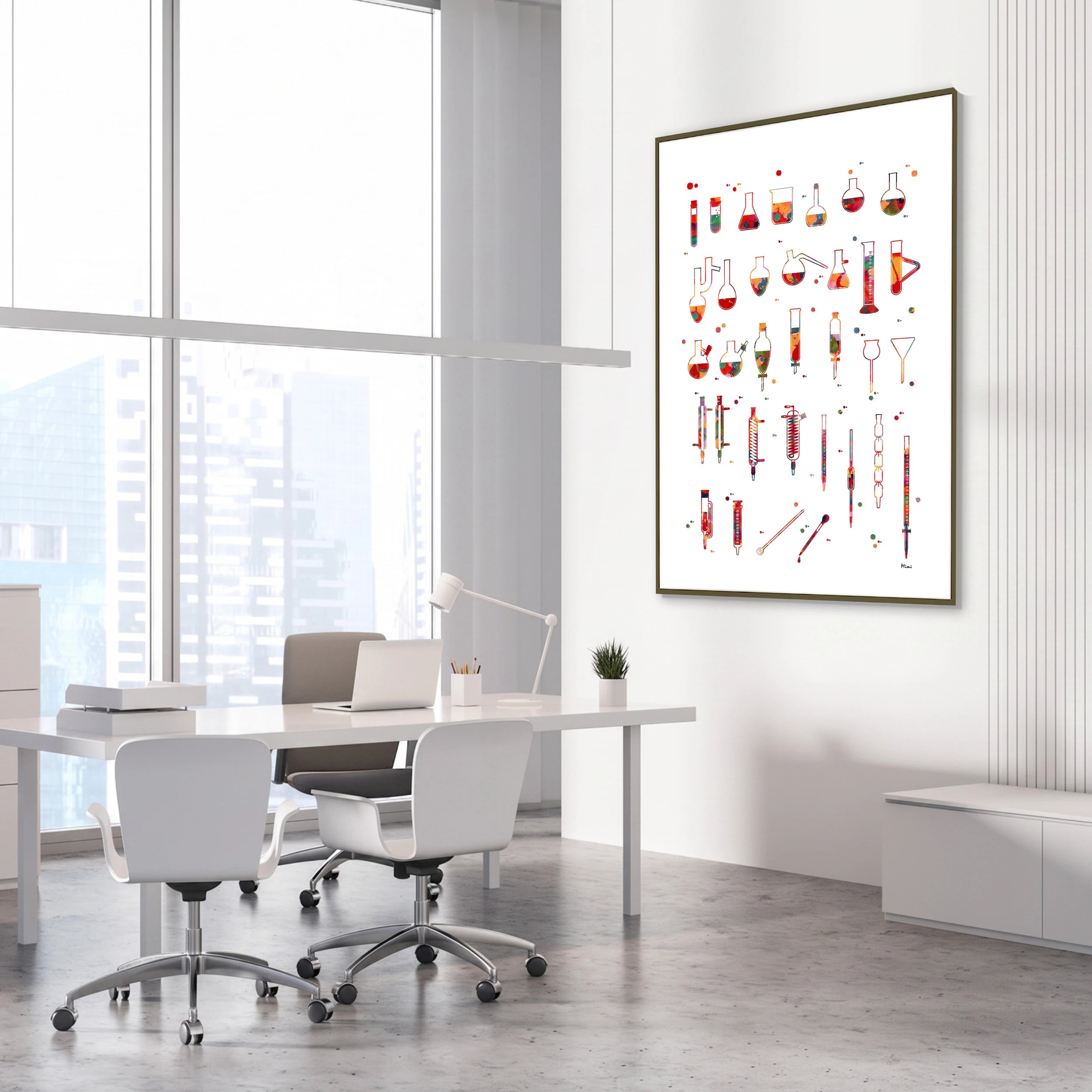 Framed chemistry lab glassware watercolor print in a science laboratory office