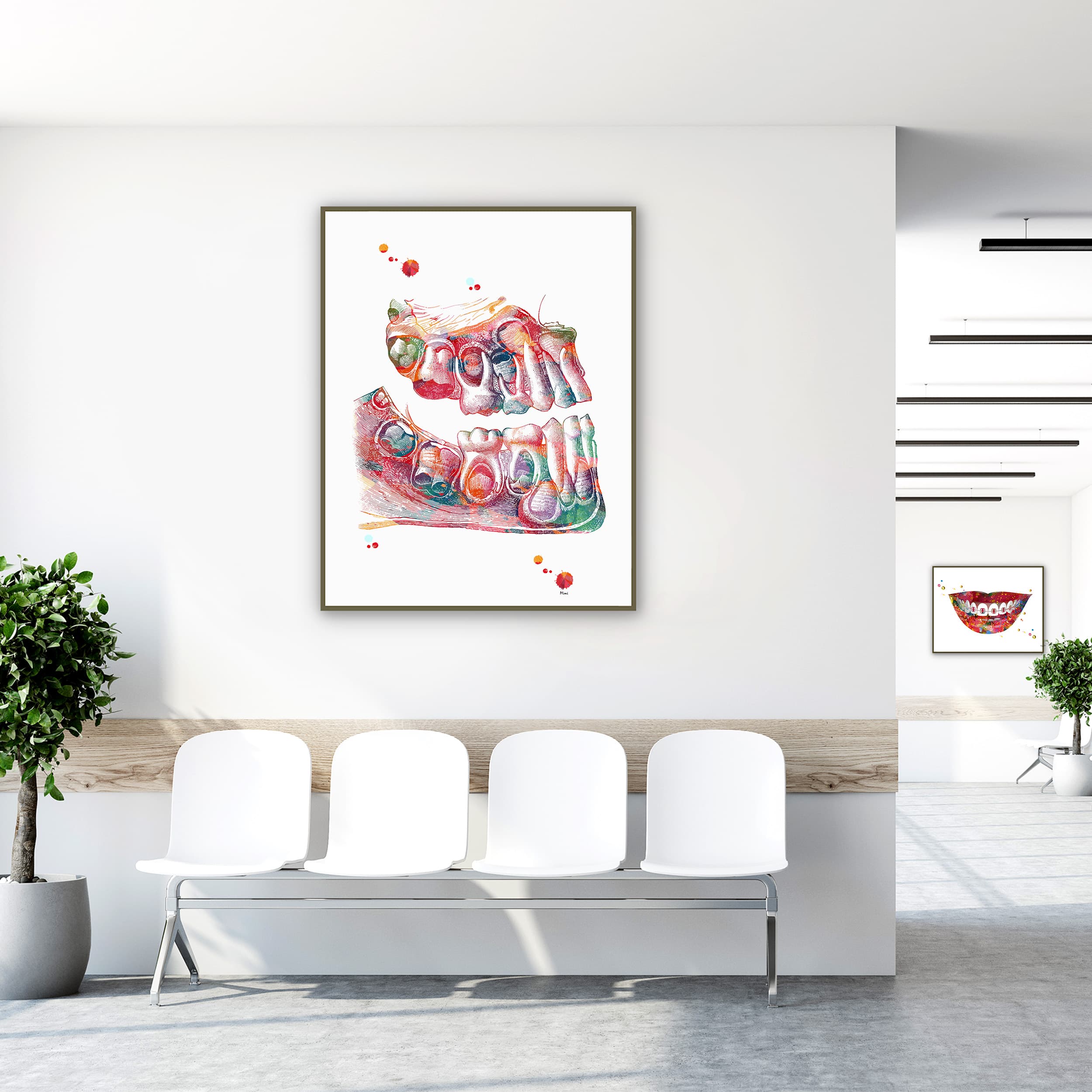 Framed children's teeth deciduous dentition watercolor print in a clinic waiting room