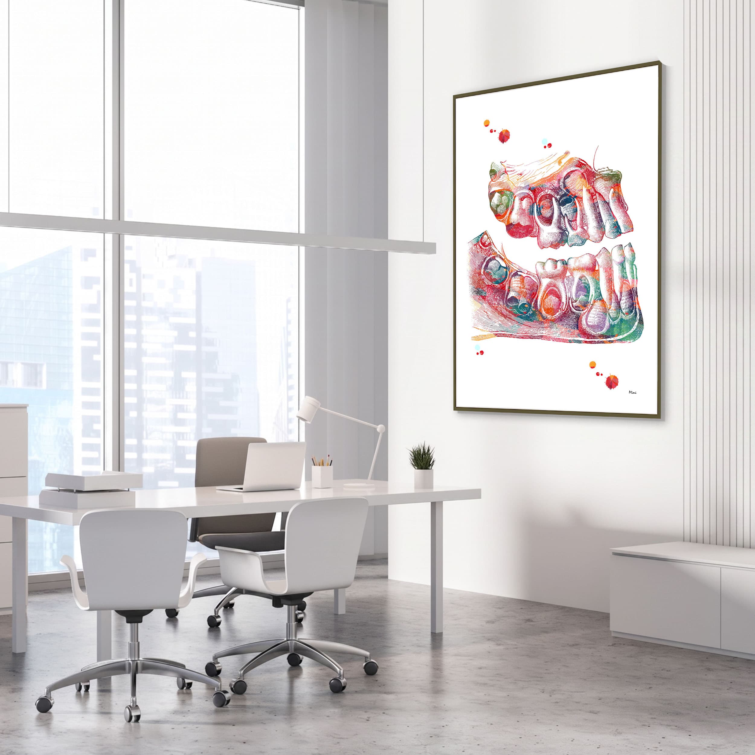 Framed children's teeth deciduous dentition watercolor print in a dental clinic