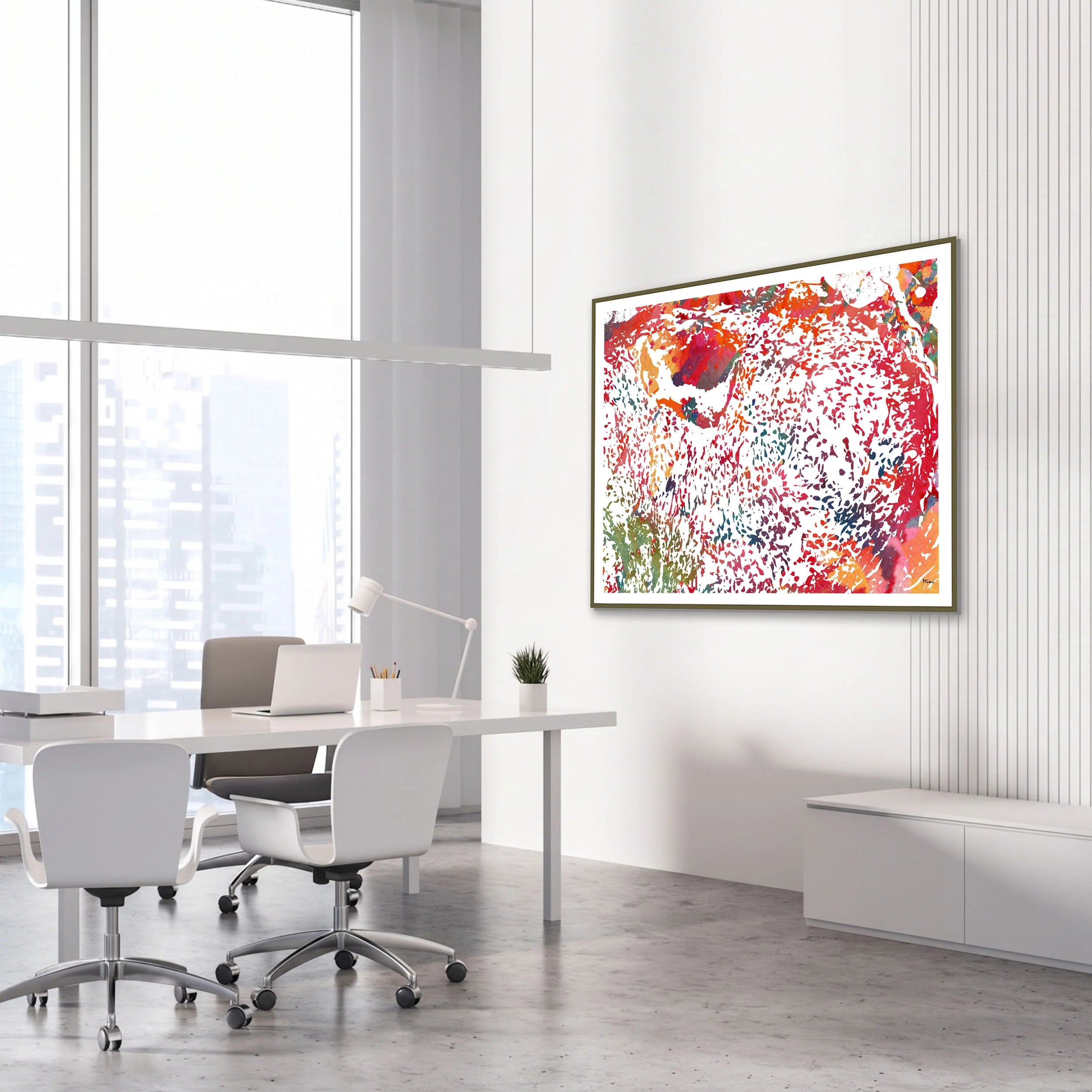Framed chondrosarcoma watercolor print in an orthopedic clinic