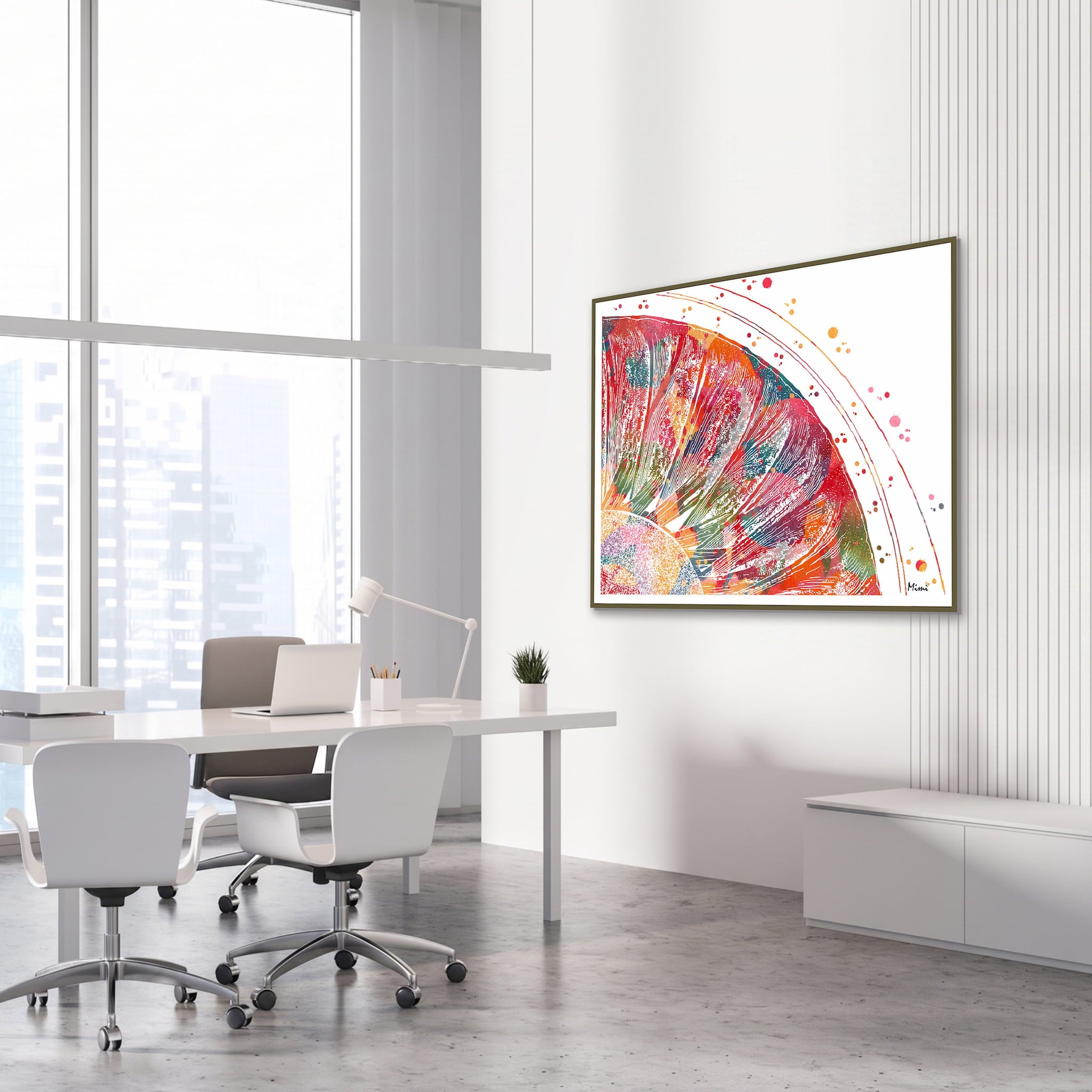 Framed ciliary body & lens watercolor print in an ophthalmology clinic