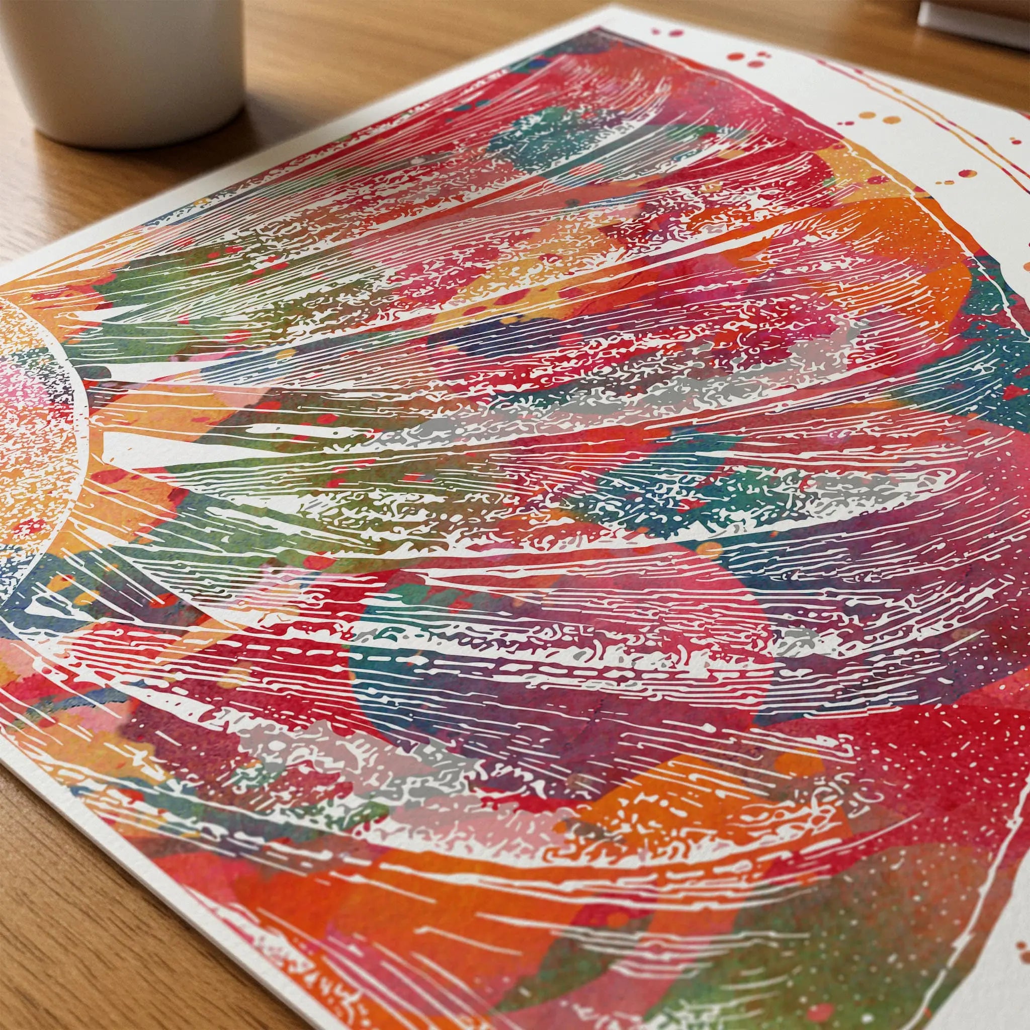 Close-up of ciliary body & lens watercolor print showing paper texture and grain