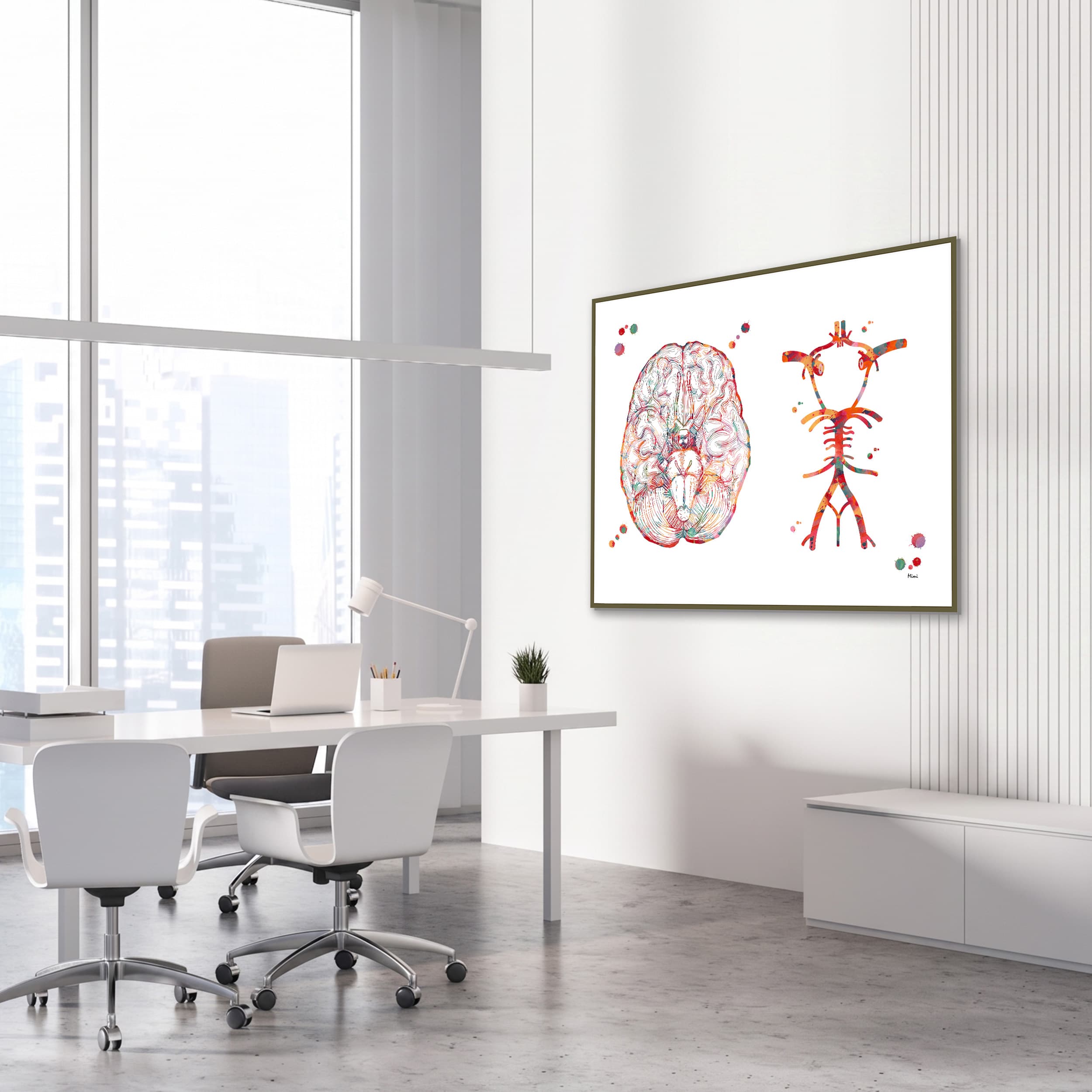 Framed circle of willis cerebral arteries watercolor print in a neurology clinic