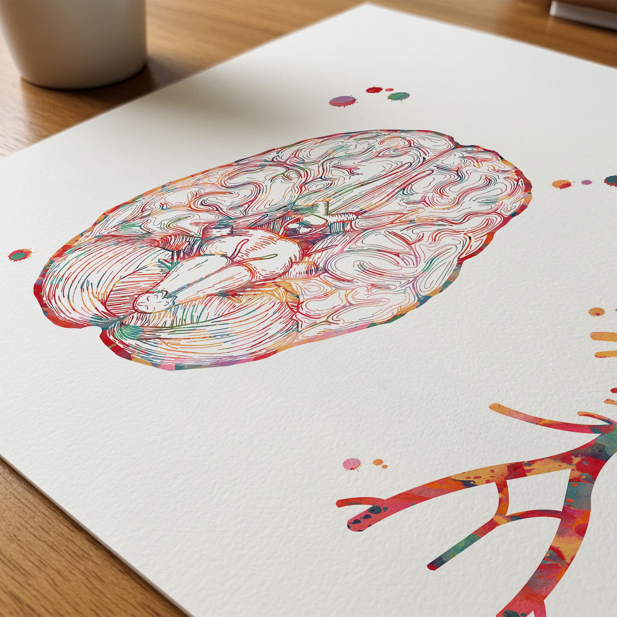 Close-up of circle of willis cerebral arteries watercolor print showing paper texture and grain