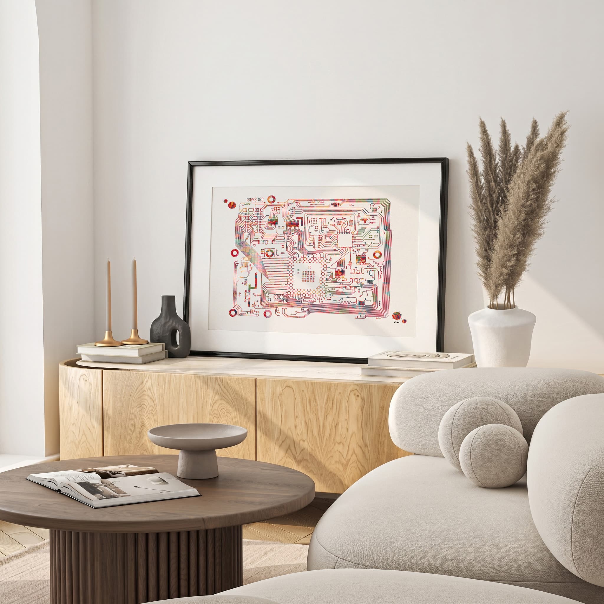 Framed circuit board watercolor print in a living room