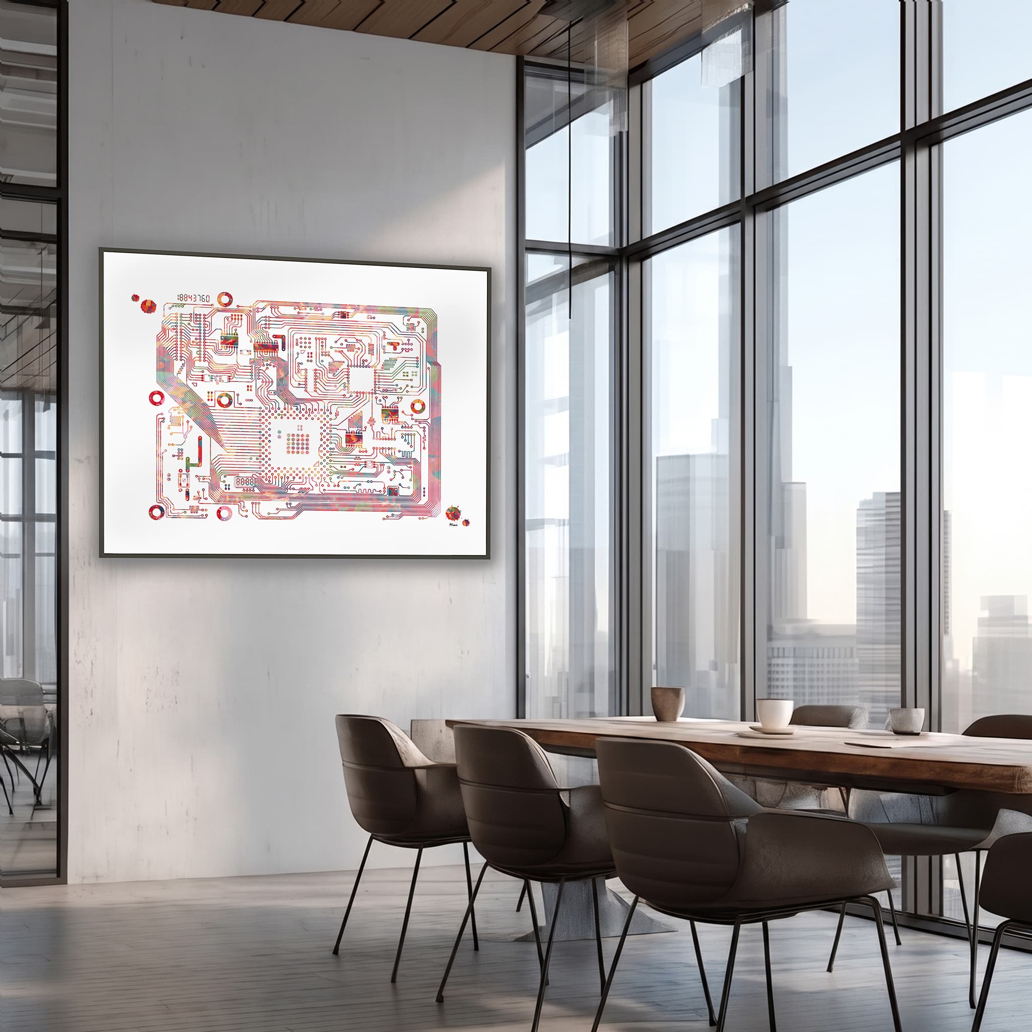 Framed circuit board watercolor print in a meeting room