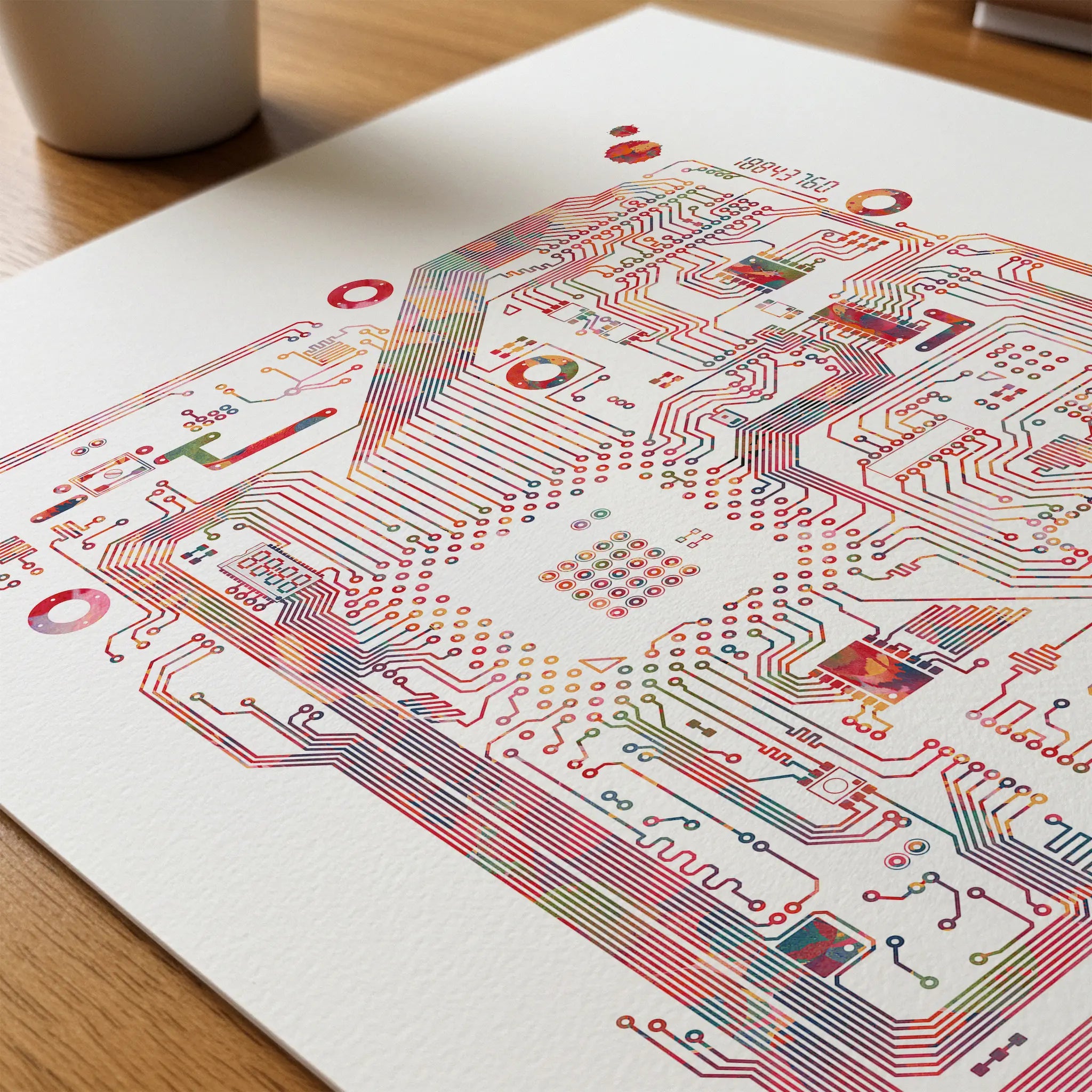 Close-up of circuit board watercolor print showing paper texture and grain