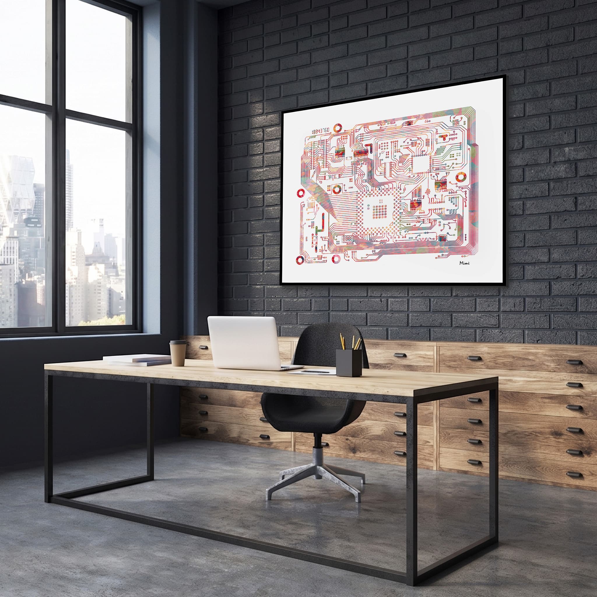 Framed circuit board watercolor print in a technology office