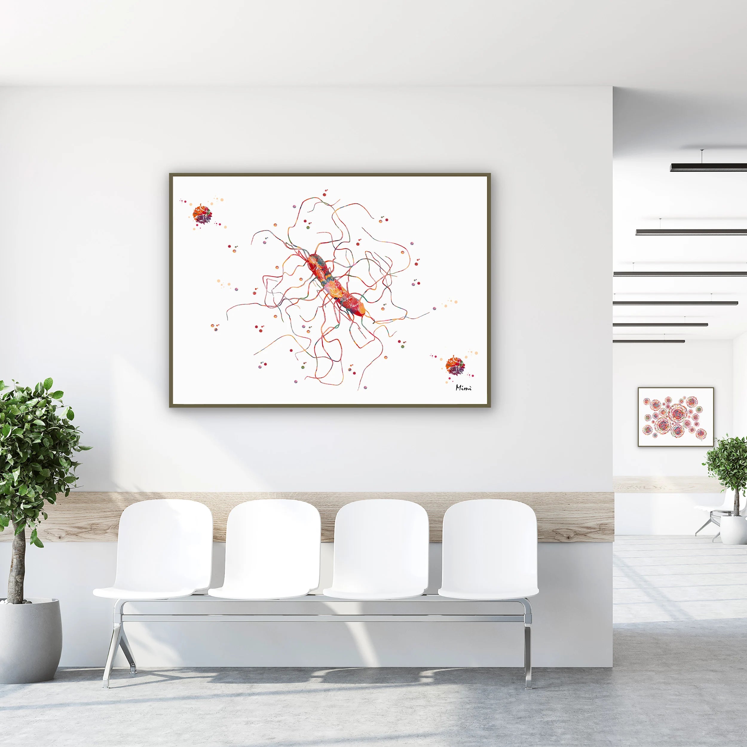Framed clostridium difficile bacteria watercolor print in a clinic waiting room
