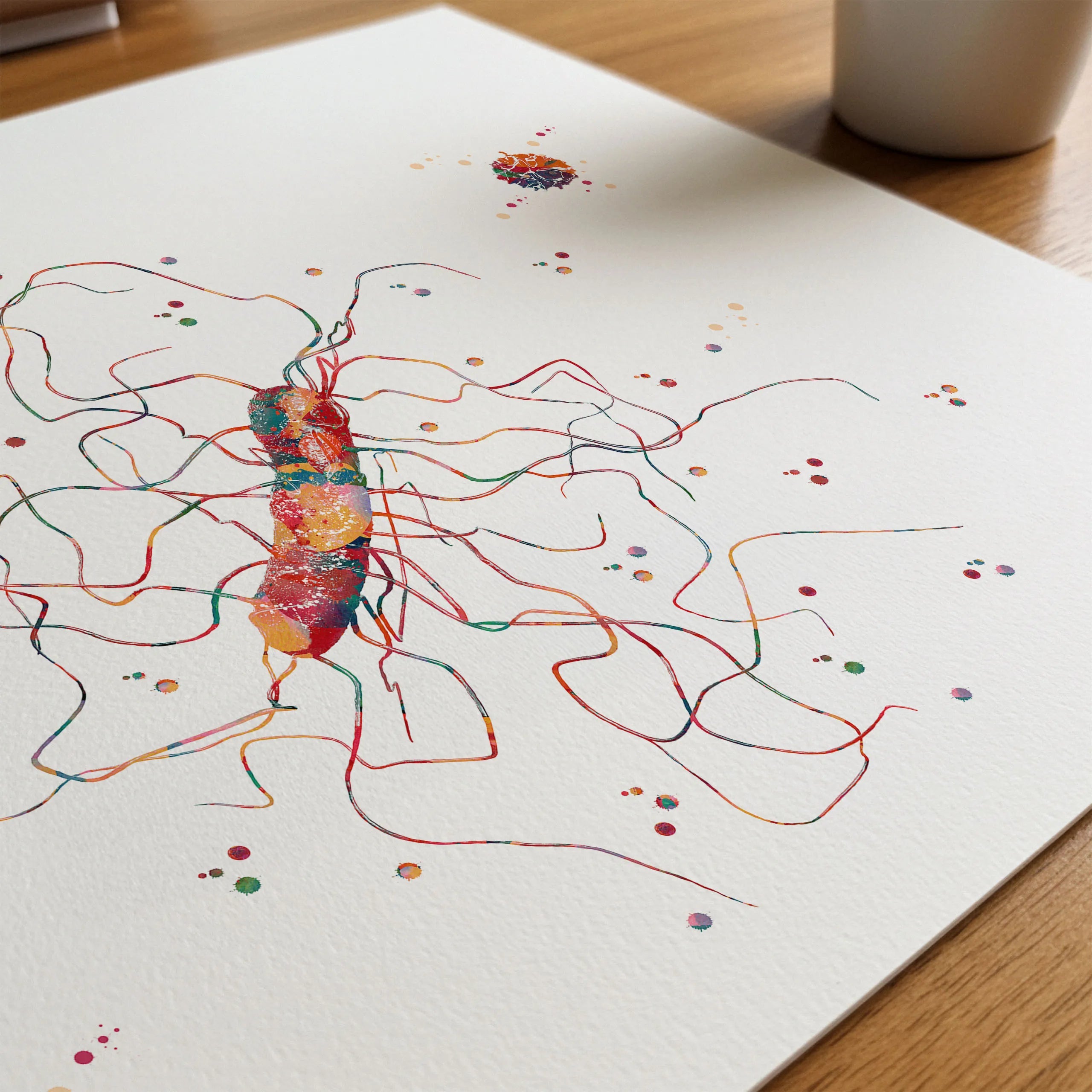Close-up of clostridium difficile bacteria watercolor print showing paper texture and grain