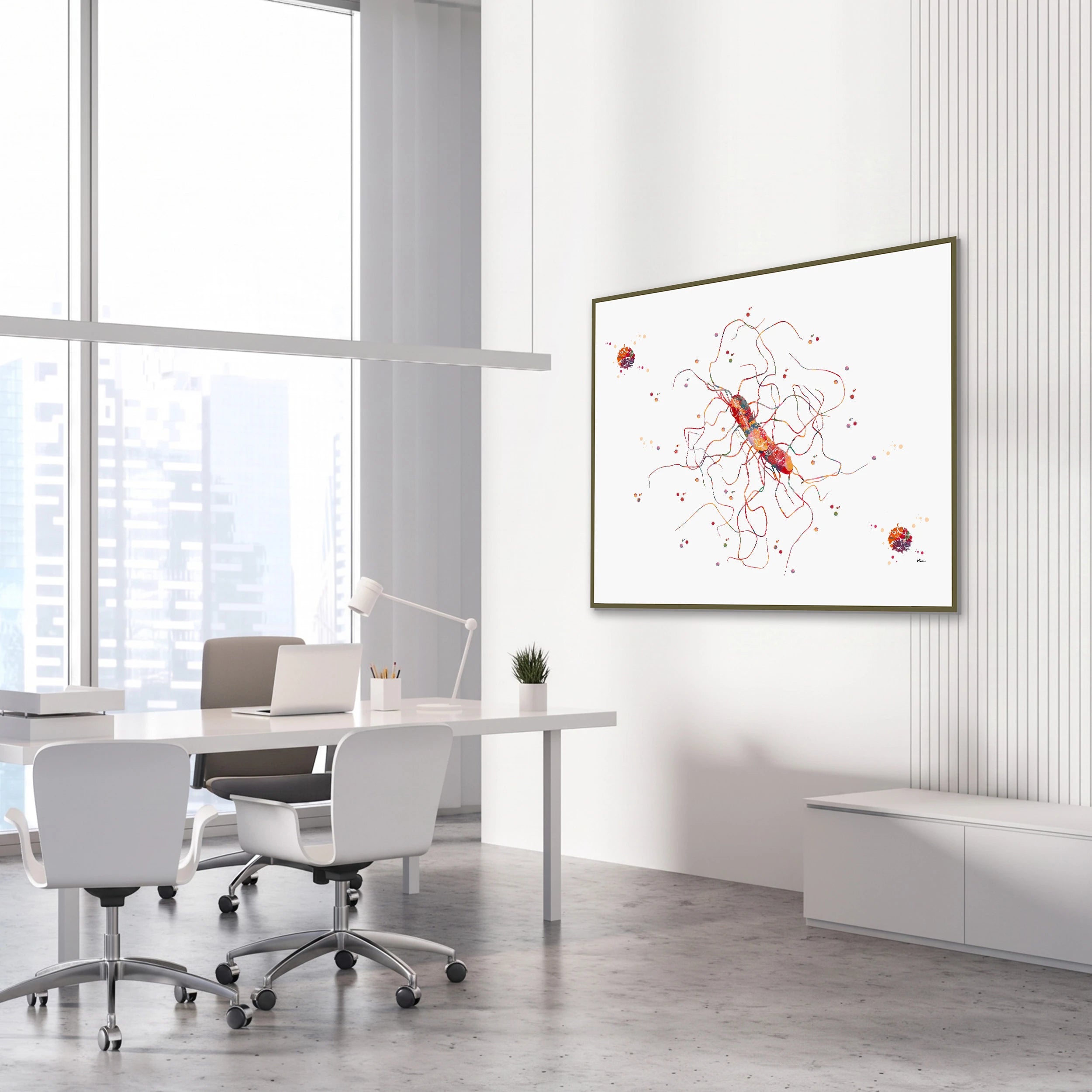 Framed clostridium difficile bacteria watercolor print in a science laboratory office
