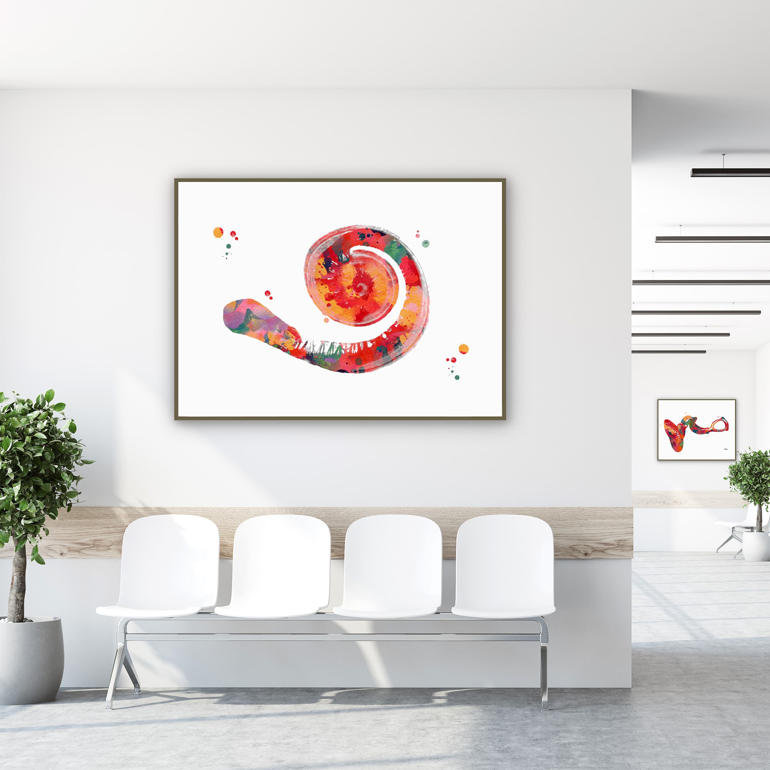Framed cochlea anatomy watercolor print in a clinic waiting room