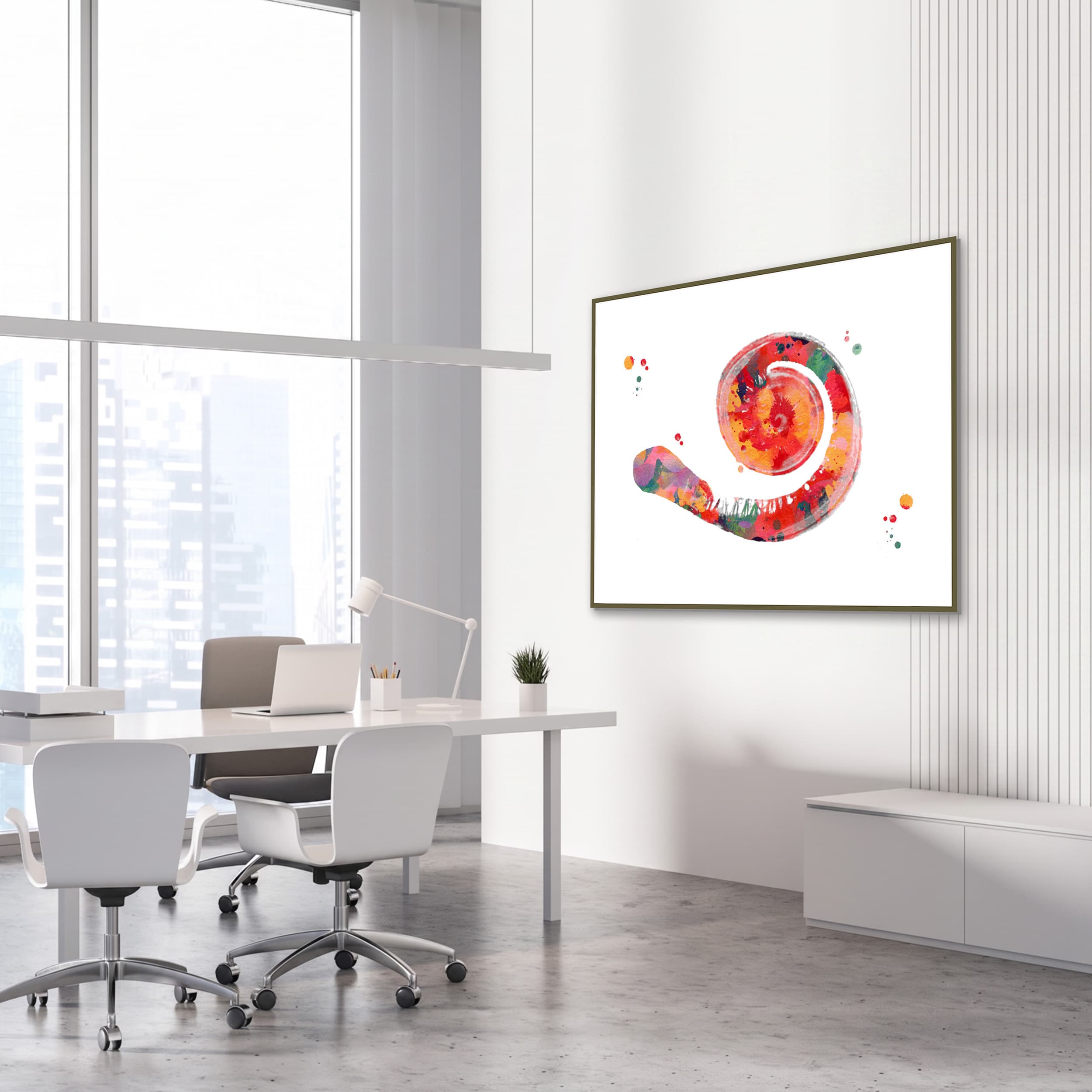 Framed cochlea anatomy watercolor print in an ENT clinic