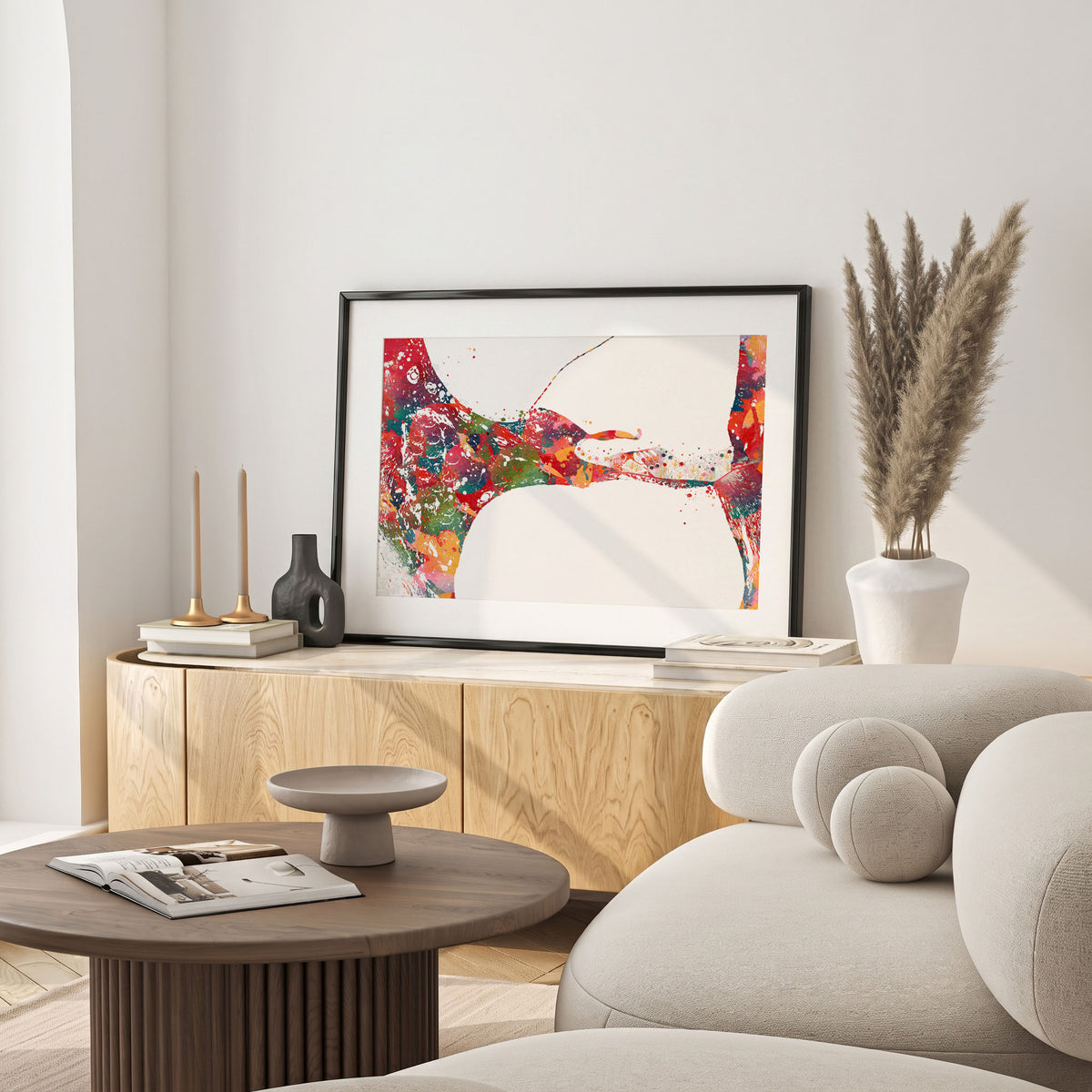 Framed cochlea histology watercolor print in a warm living room