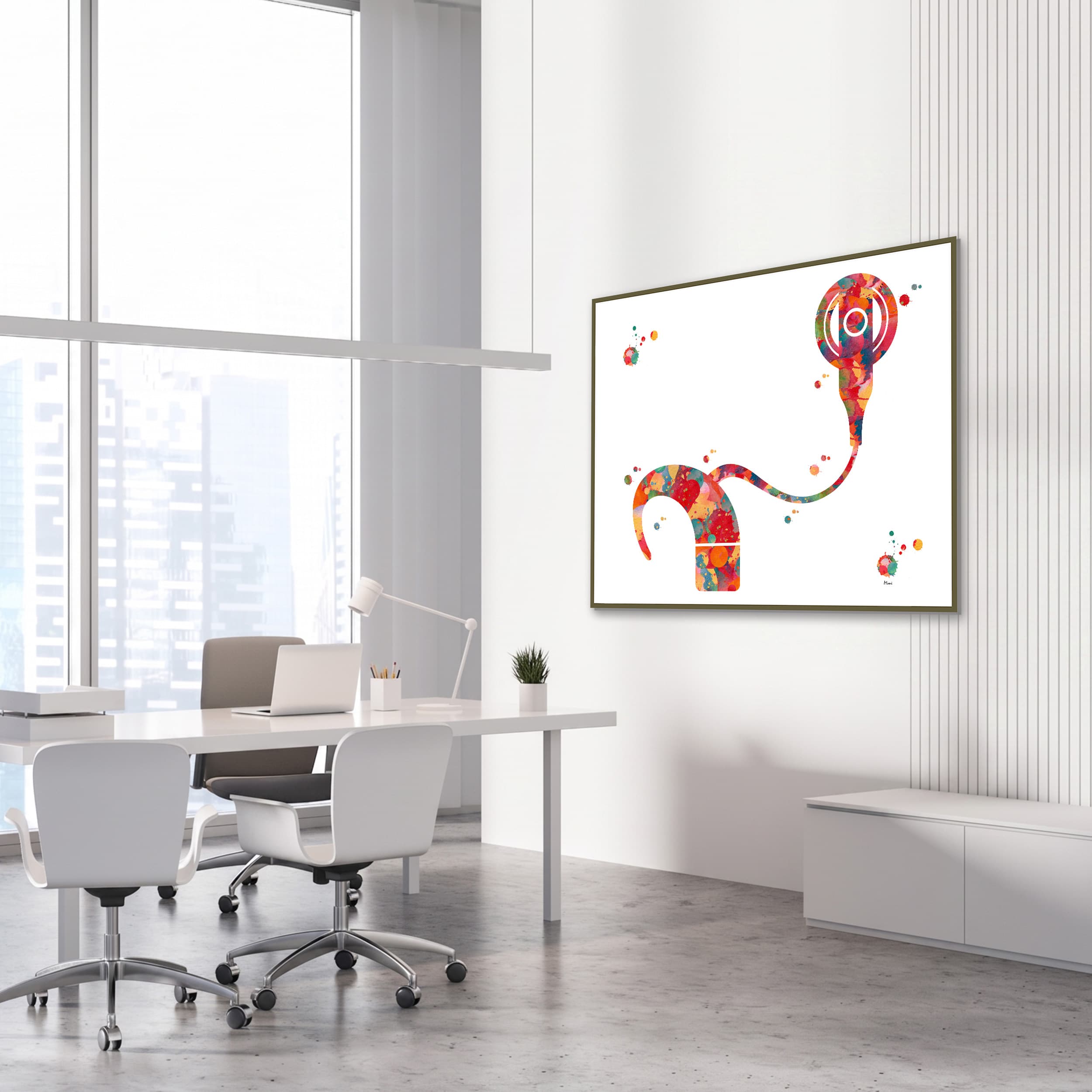 Framed cochlear implant watercolor print in an ENT clinic