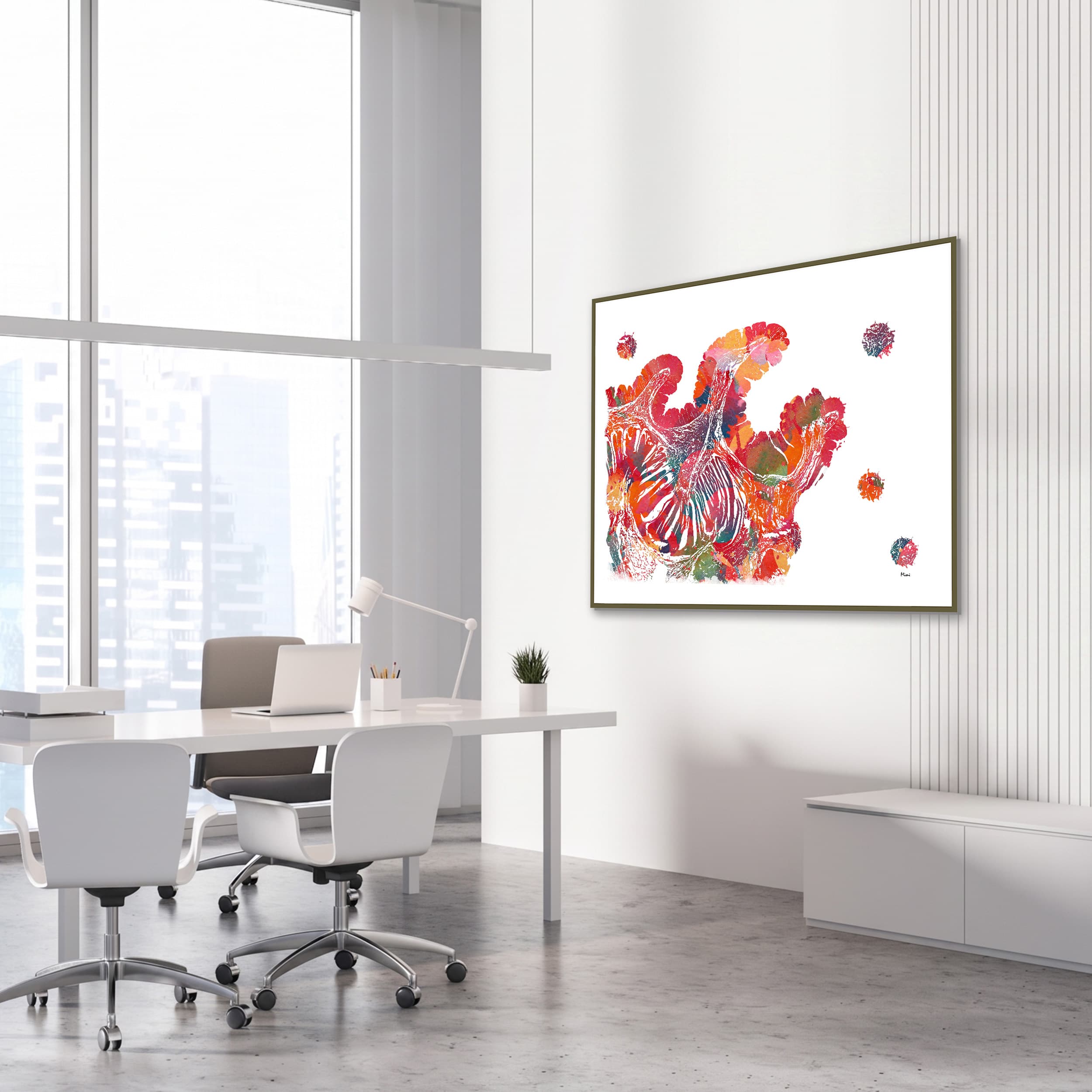 Framed colon histology watercolor print in a gastroenterology clinic