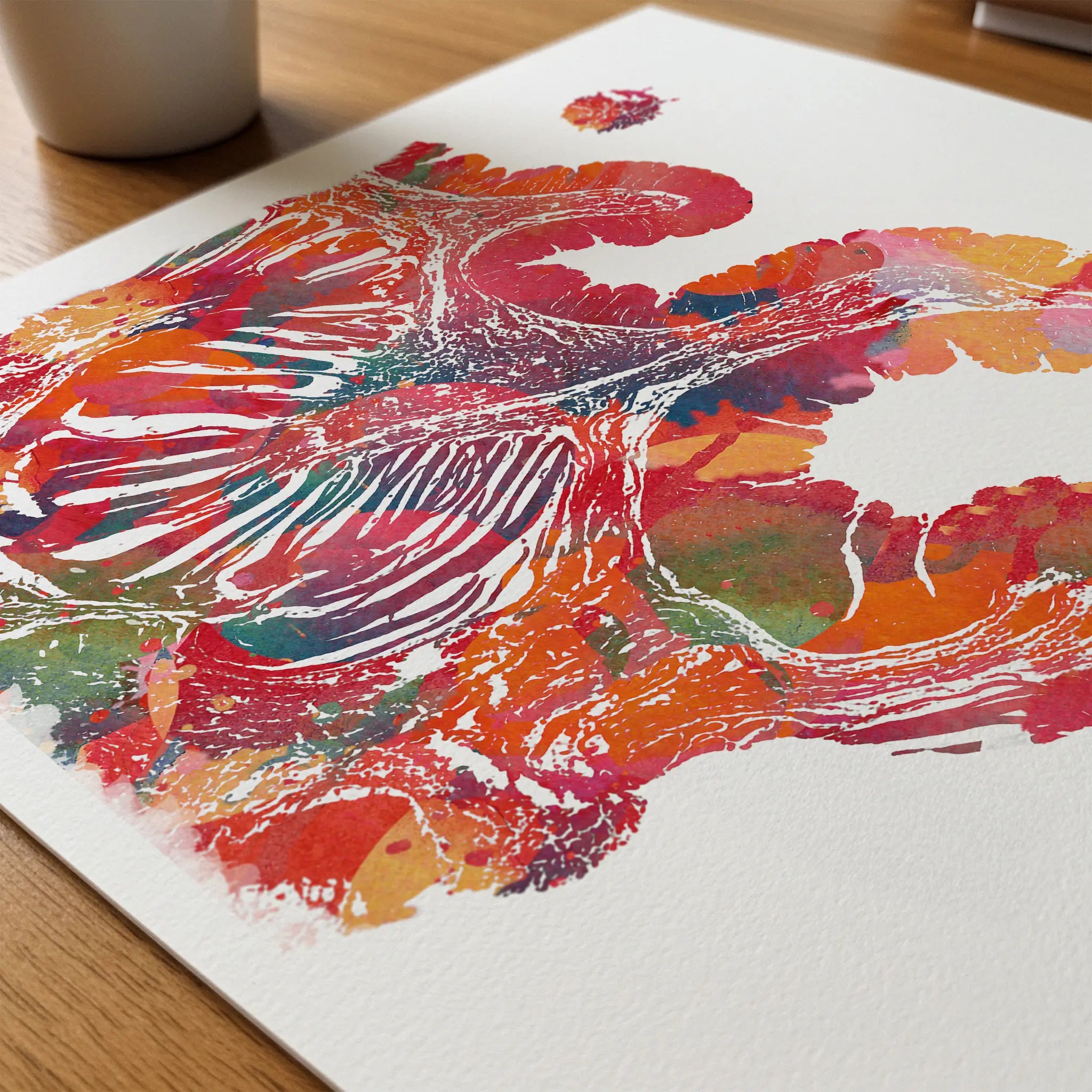 Close-up of colon histology watercolor print showing paper texture and grain