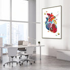 Framed colorful anatomical heart watercolor print in a cardiology clinic