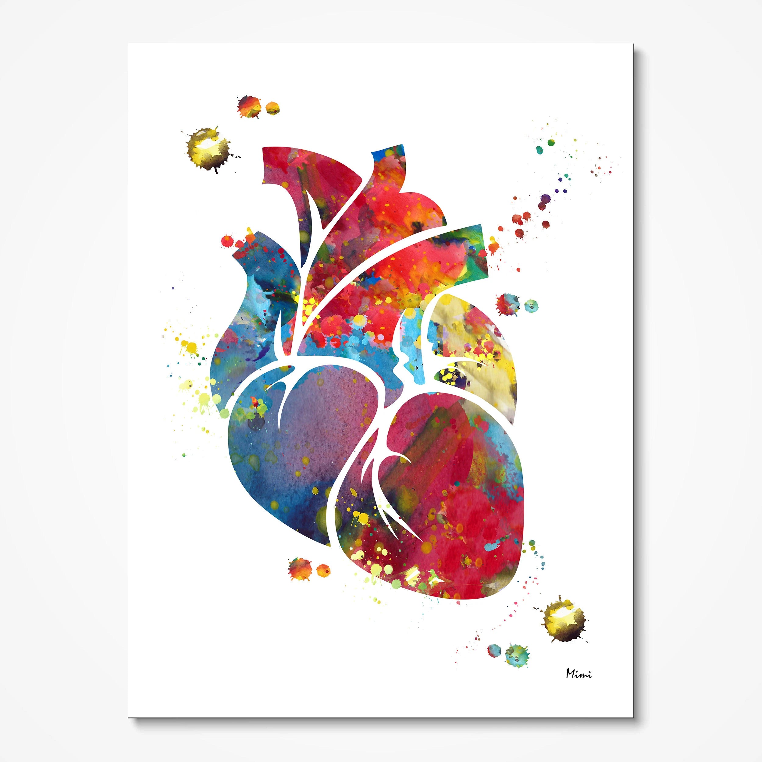 Colorful anatomical heart watercolor art print for cardiology clinic wall decor