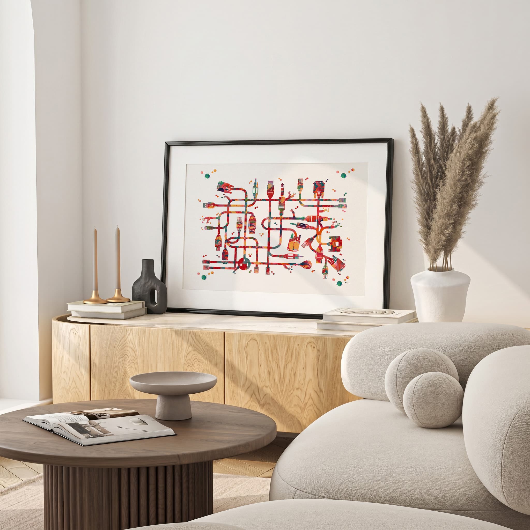 Framed computer network watercolor print in a warm living room